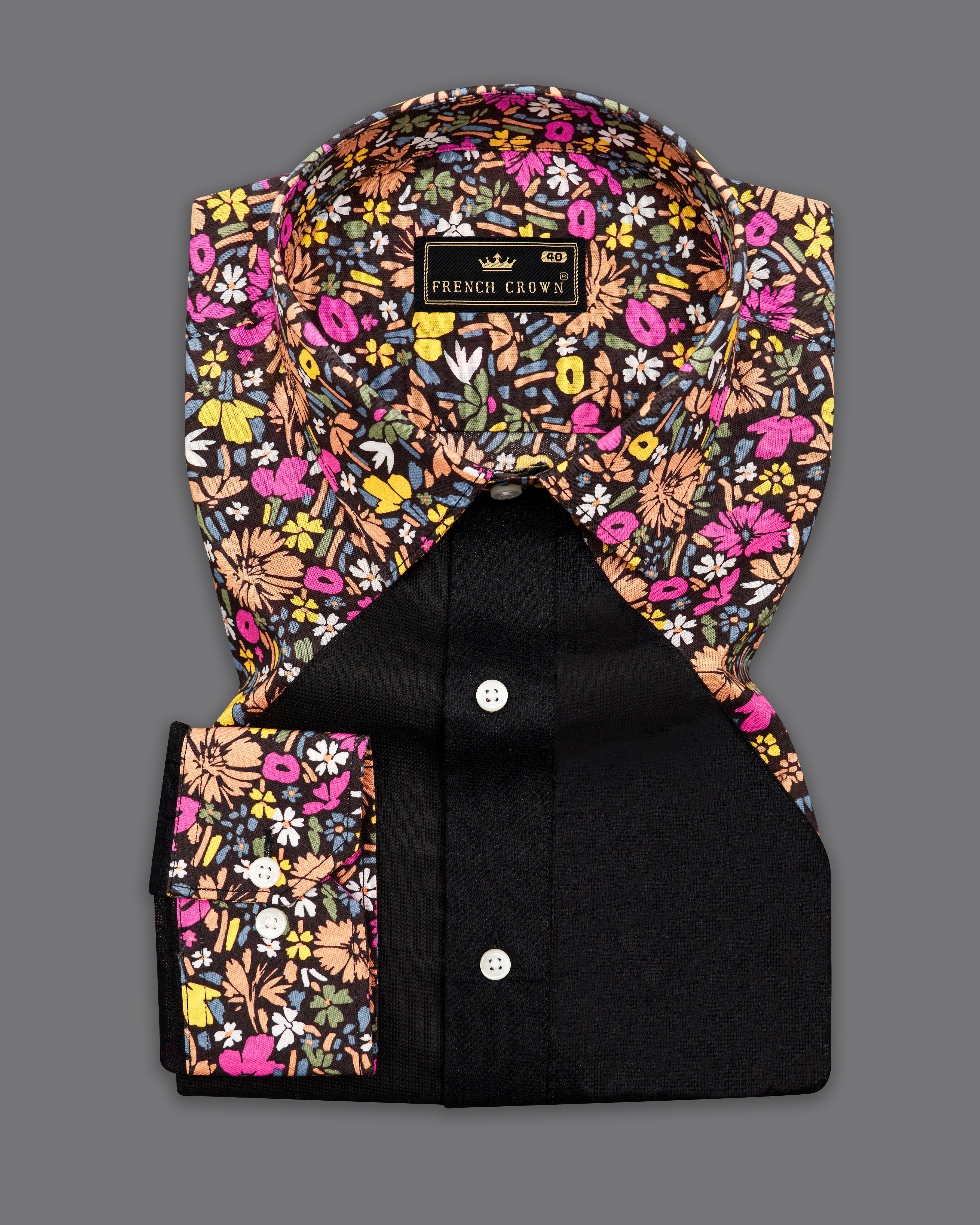 Jade Black Patch Work with Multicolour Floral Printed Premium Cotton Designer Shirt 9829-P448-38, 9829-P448-H-38, 9829-P448-39, 9829-P448-H-39, 9829-P448-40, 9829-P448-H-40, 9829-P448-42, 9829-P448-H-42, 9829-P448-44, 9829-P448-H-44, 9829-P448-46, 9829-P448-H-46, 9829-P448-48, 9829-P448-H-48, 9829-P448-50, 9829-P448-H-50, 9829-P448-52, 9829-P448-H-52