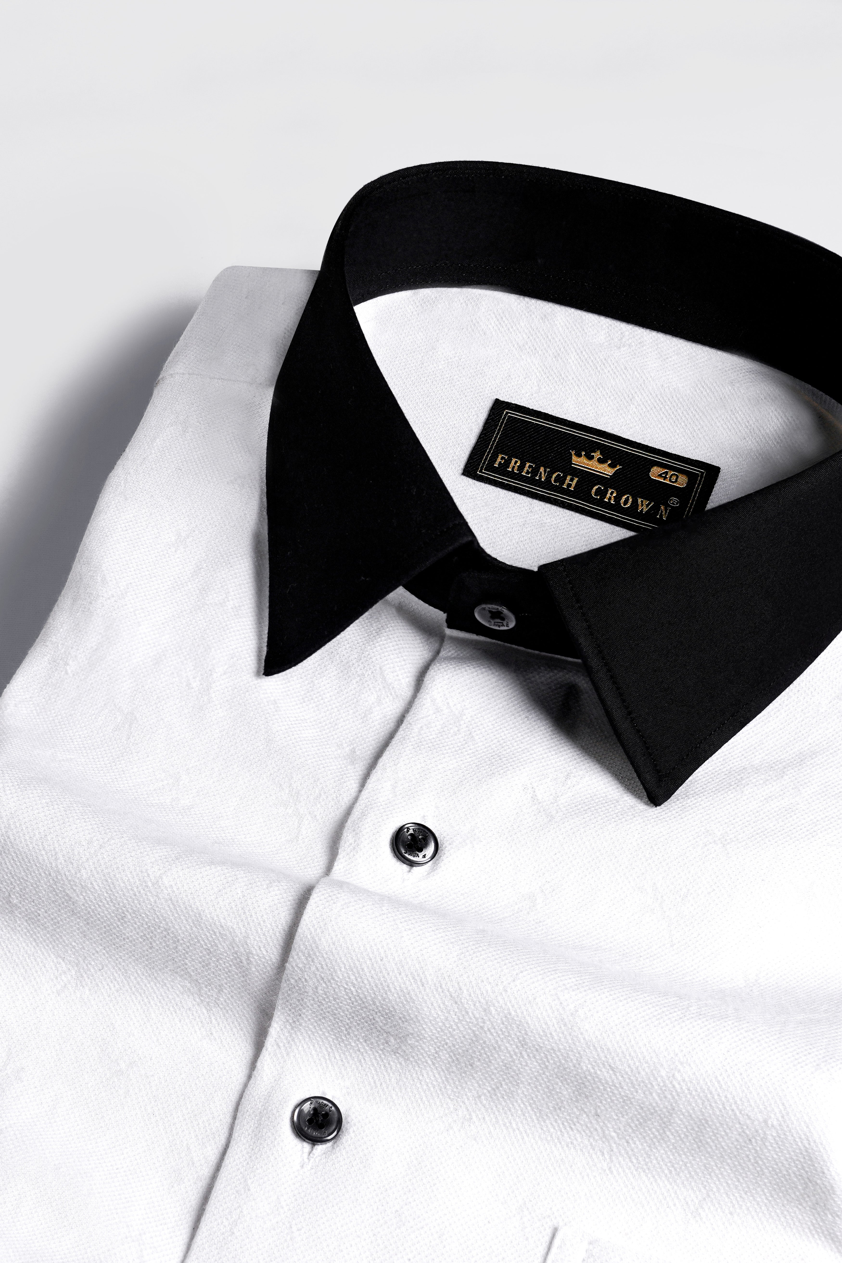 Bright White Jacquard Textured Premium Giza Cotton Shirt with Black Collar and Cuffs