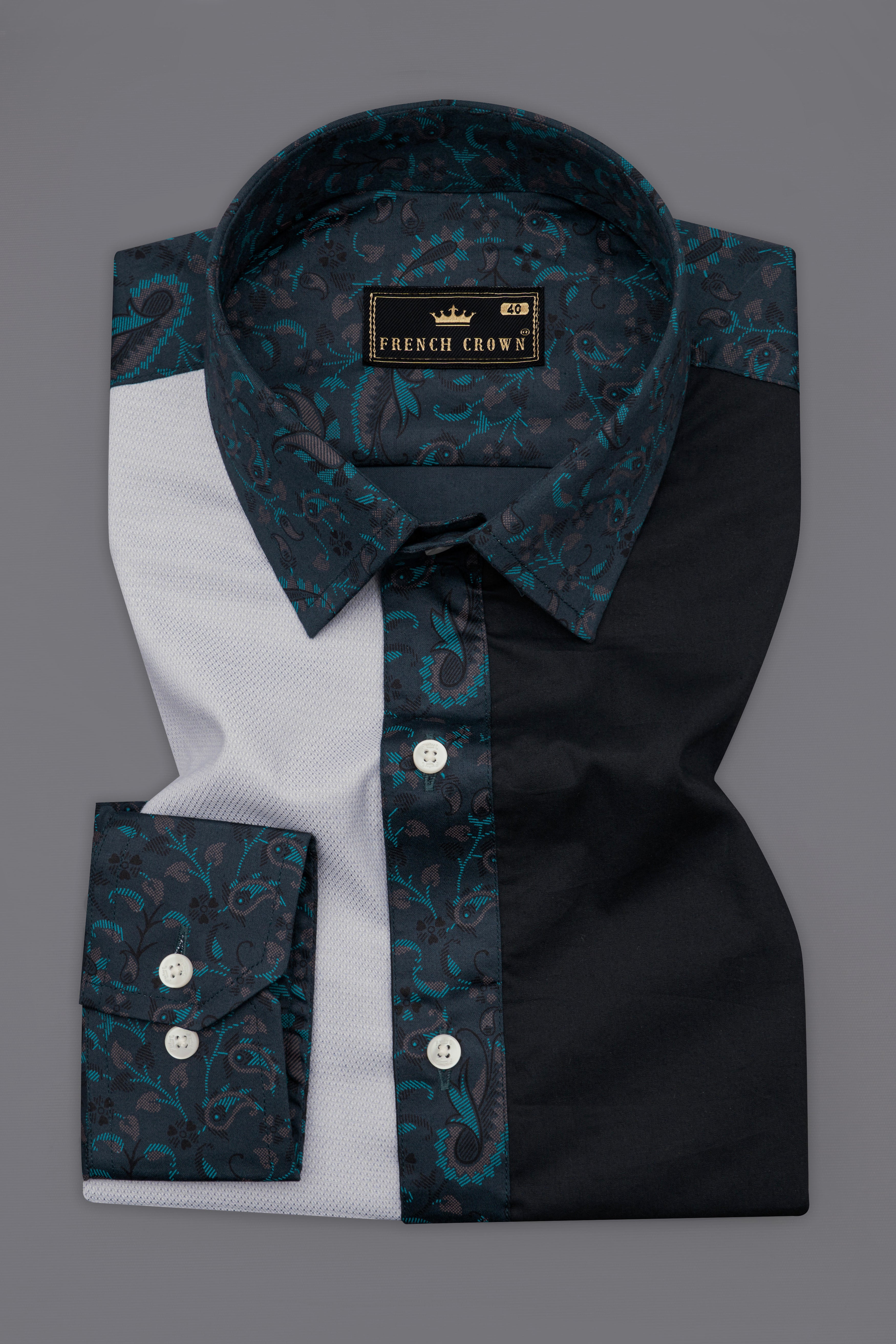 Charade Green Paisley Printed with Nobel Gray and Black Patchwork Super Soft Premium Cotton Designer Shirt