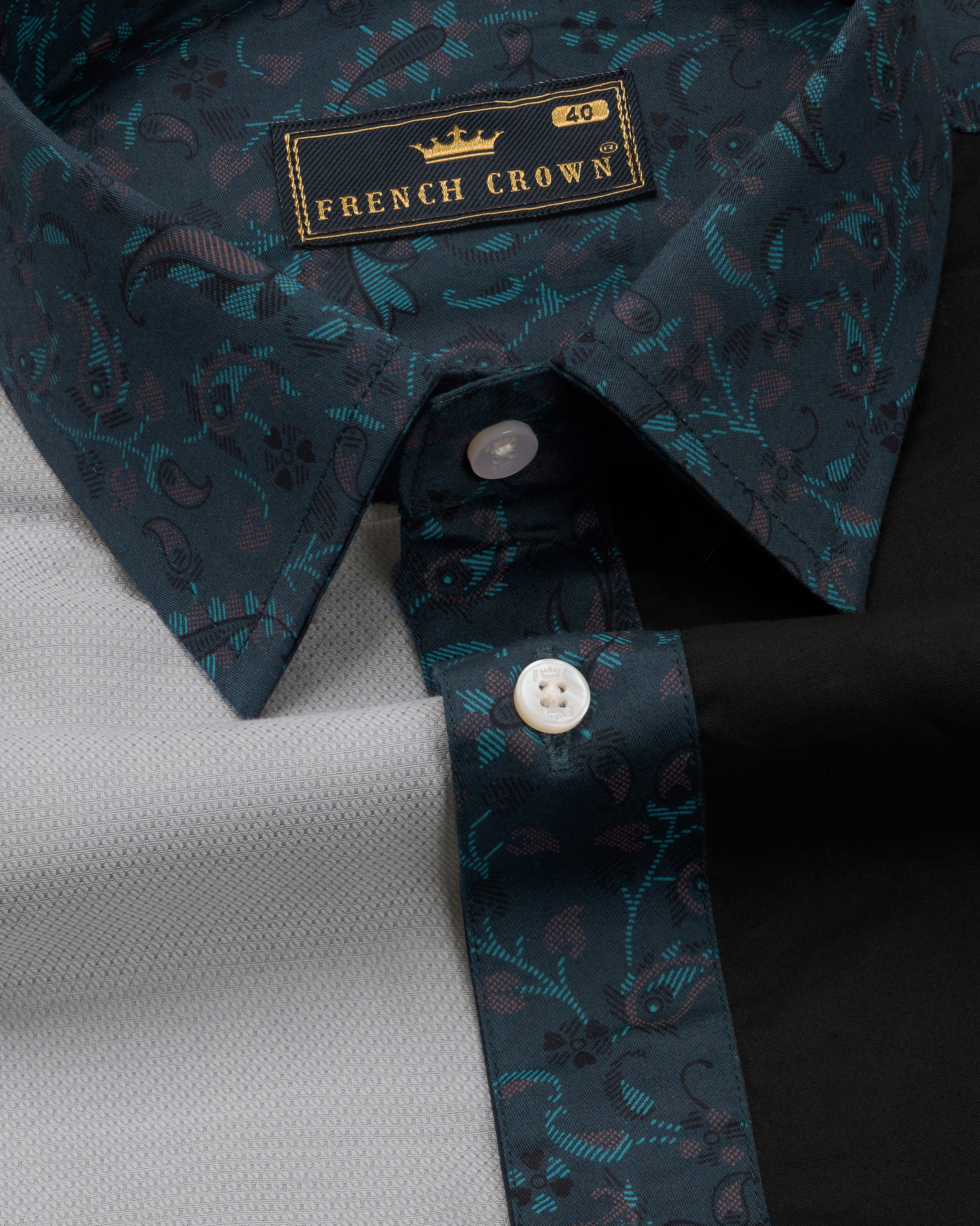 Charade Green Paisley Printed with Nobel Gray and Black Patchwork Super Soft Premium Cotton Designer Shirt 9888-P235-38, 9888-P235-H-38, 9888-P235-39, 9888-P235-H-39, 9888-P235-40, 9888-P235-H-40, 9888-P235-42, 9888-P235-H-42, 9888-P235-44, 9888-P235-H-44, 9888-P235-46, 9888-P235-H-46, 9888-P235-48, 9888-P235-H-48, 9888-P235-50, 9888-P235-H-50, 9888-P235-52, 9888-P235-H-52