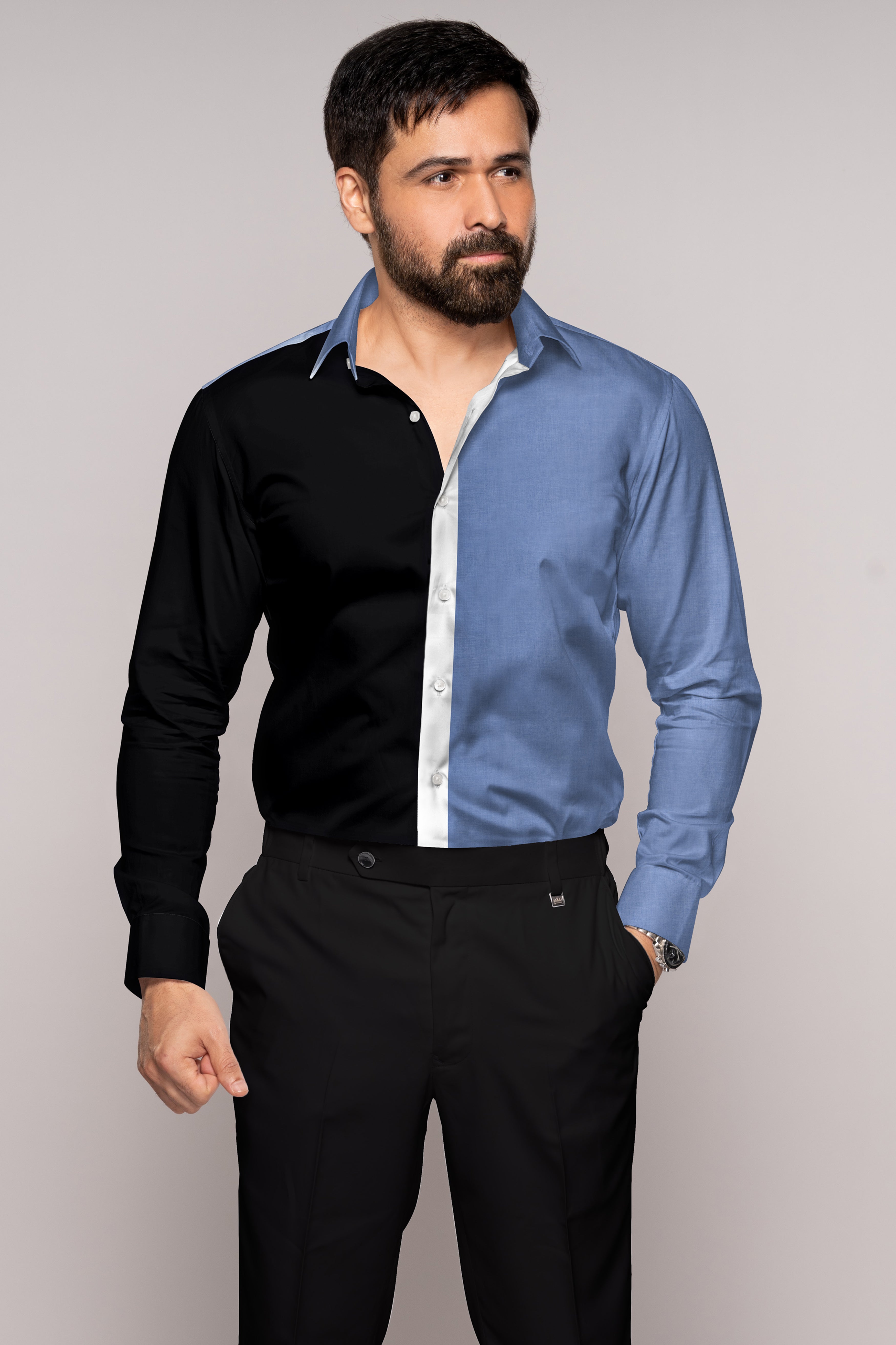 Yonder Blue with Black and White Premium Cotton Designer Shirt
