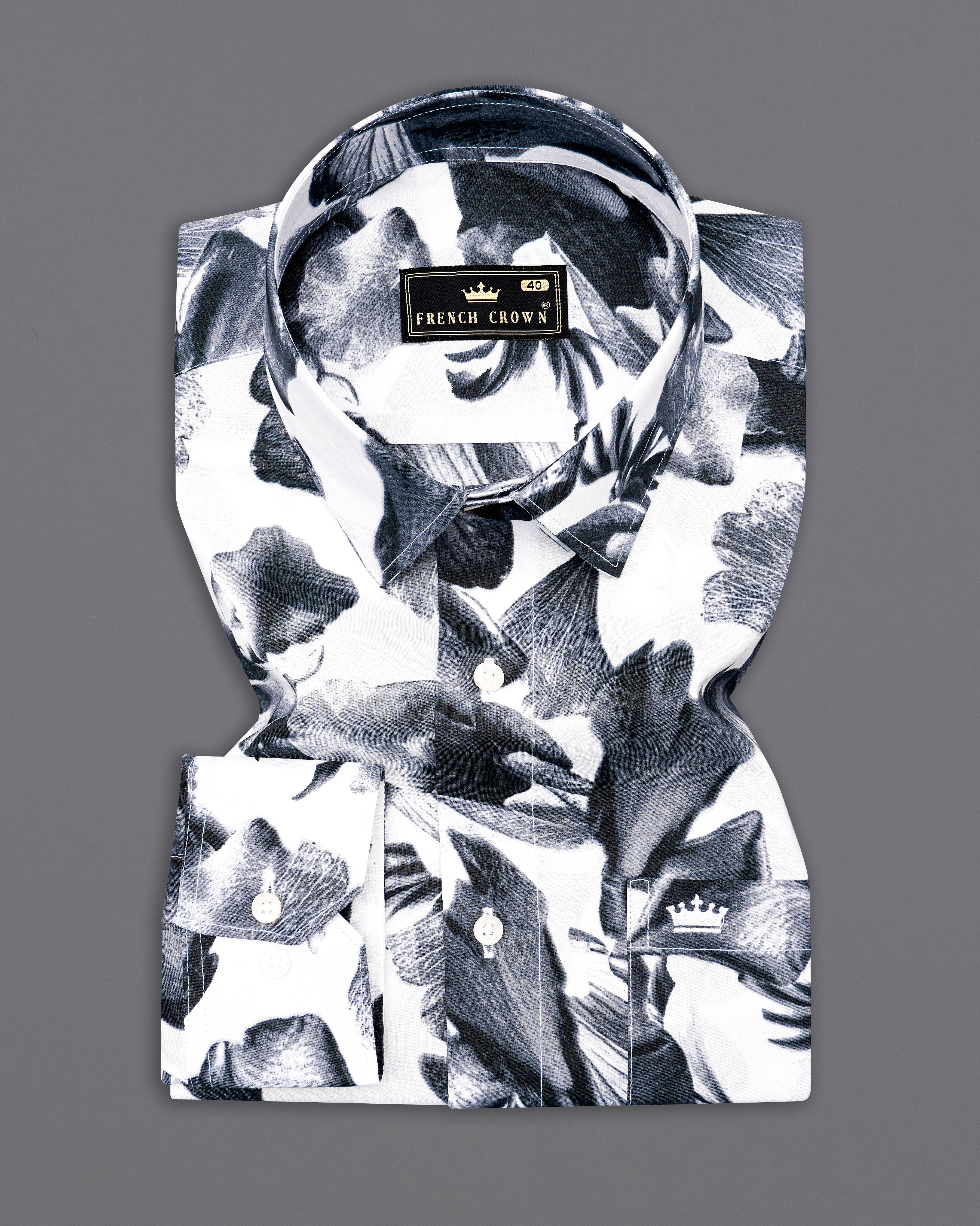 Bright White with Storm Gray Leaves Printed Premium Cotton Shirt 9901-38, 9901-H-38, 9901-39, 9901-H-39, 9901-40, 9901-H-40, 9901-42, 9901-H-42, 9901-44, 9901-H-44, 9901-46, 9901-H-46, 9901-48, 9901-H-48, 9901-50, 9901-H-50, 9901-52, 9901-H-52