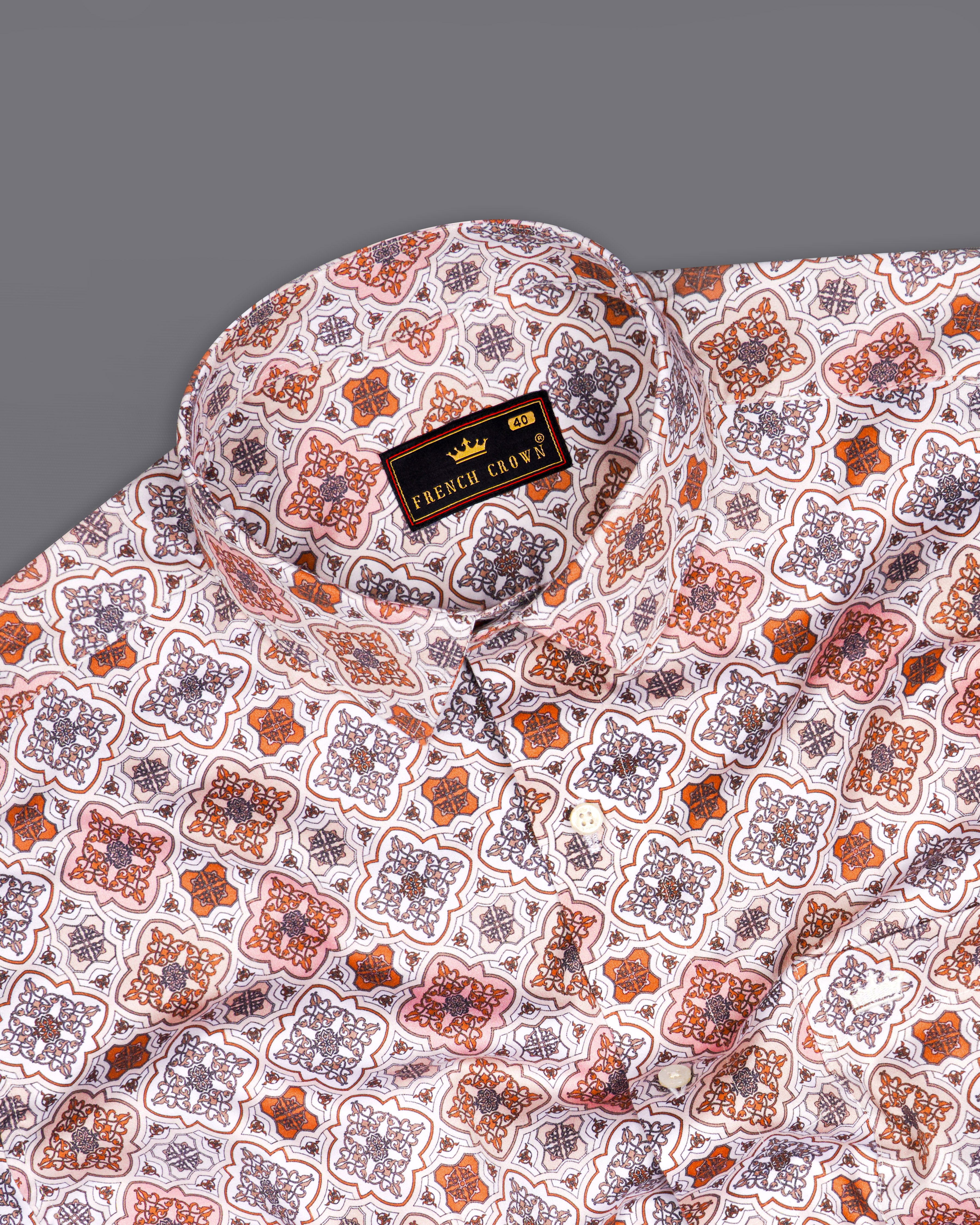 Oyster Off White with Sunrise Orange Indian Style Printed Super Soft Premium Cotton Shirt