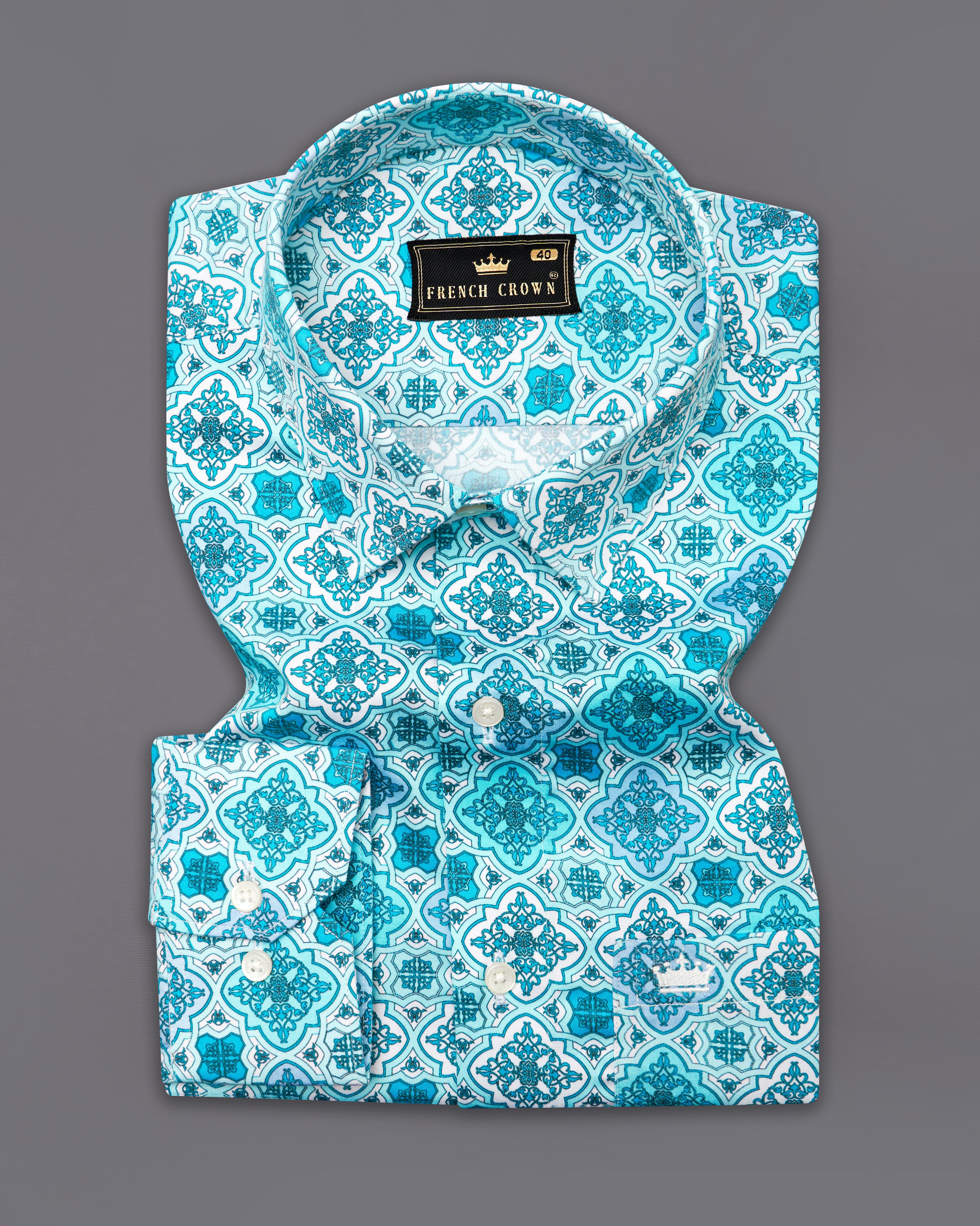 Turquoise Blue and White Indian Style Printed Super Soft Premium Cotton Shirt 9908-38, 9908-H-38, 9908-39, 9908-H-39, 9908-40, 9908-H-40, 9908-42, 9908-H-42, 9908-44, 9908-H-44, 9908-46, 9908-H-46, 9908-48, 9908-H-48, 9908-50, 9908-H-50, 9908-52, 9908-H-52