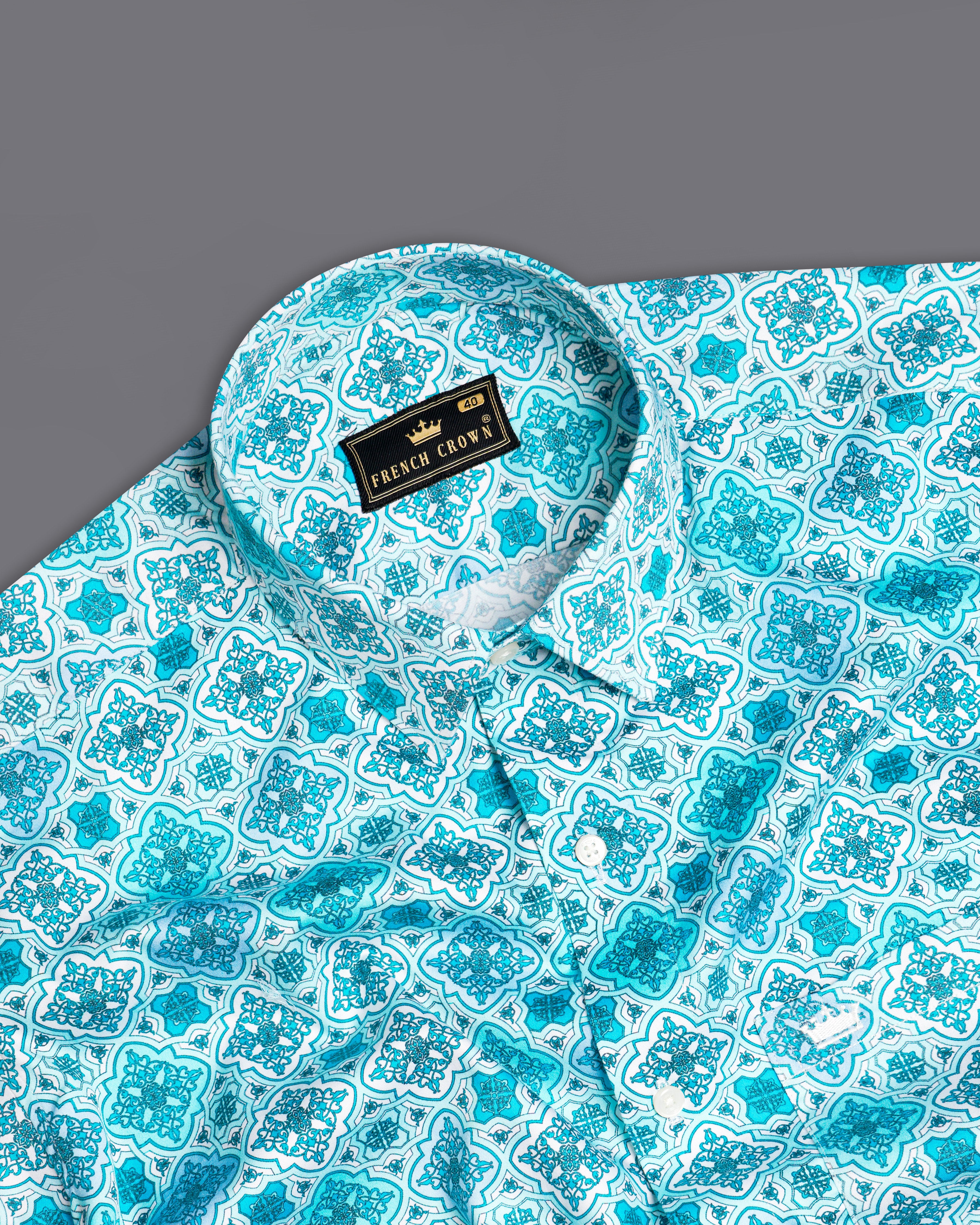 Turquoise Blue and White Indian Style Printed Super Soft Premium Cotton Shirt 9908-38, 9908-H-38, 9908-39, 9908-H-39, 9908-40, 9908-H-40, 9908-42, 9908-H-42, 9908-44, 9908-H-44, 9908-46, 9908-H-46, 9908-48, 9908-H-48, 9908-50, 9908-H-50, 9908-52, 9908-H-52