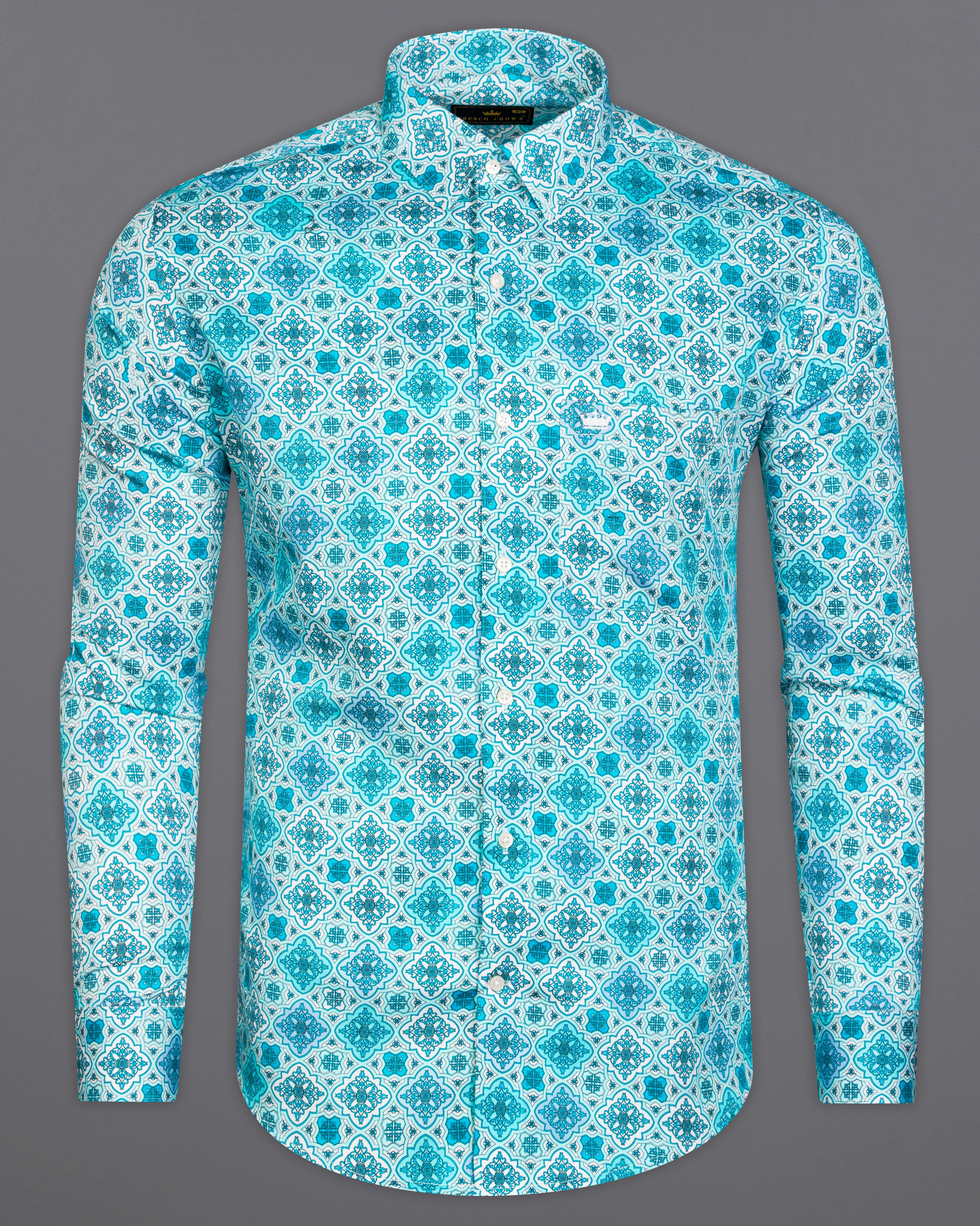 Turquoise Blue and White Indian Style Printed Super Soft Premium Cotton Shirt 9908-38, 9908-H-38, 9908-39, 9908-H-39, 9908-40, 9908-H-40, 9908-42, 9908-H-42, 9908-44, 9908-H-44, 9908-46, 9908-H-46, 9908-48, 9908-H-48, 9908-50, 9908-H-50, 9908-52, 9908-H-52