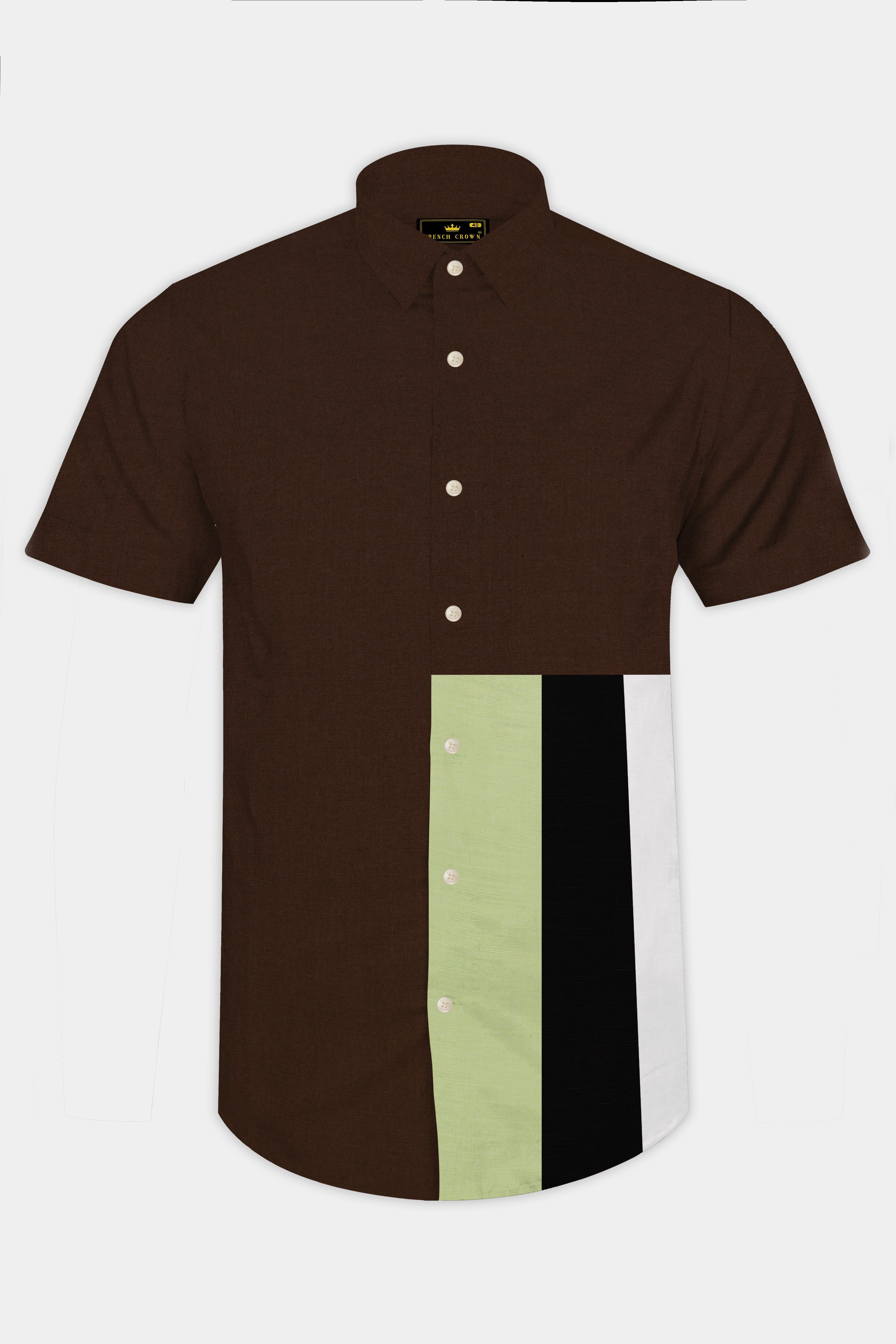Spice Brown with Fringy Green and Black Patchwork Luxurious Linen Designer Shirt