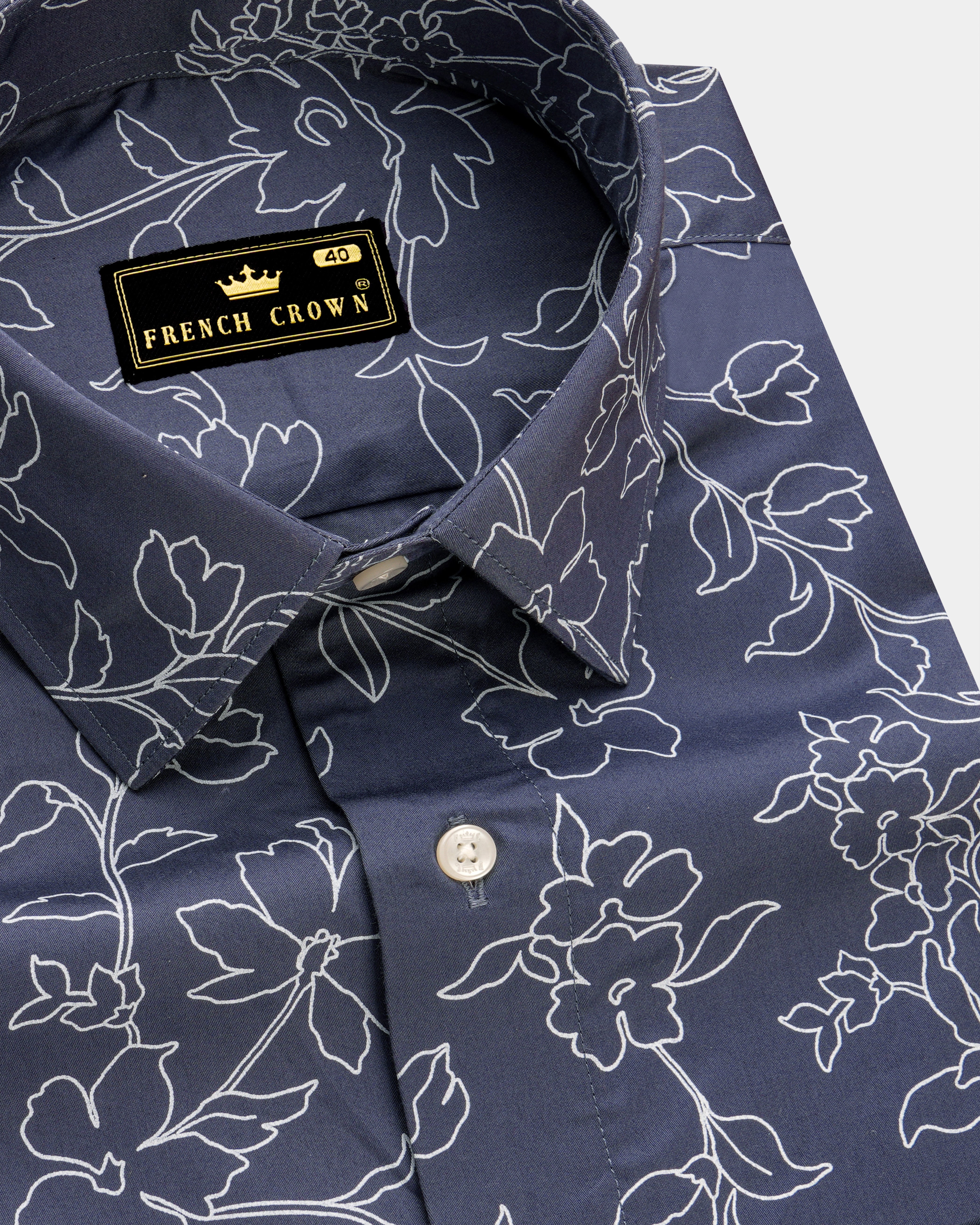 Mulled Wine Dark Gray and White Floral Printed Super Soft Premium Cotton Shirt