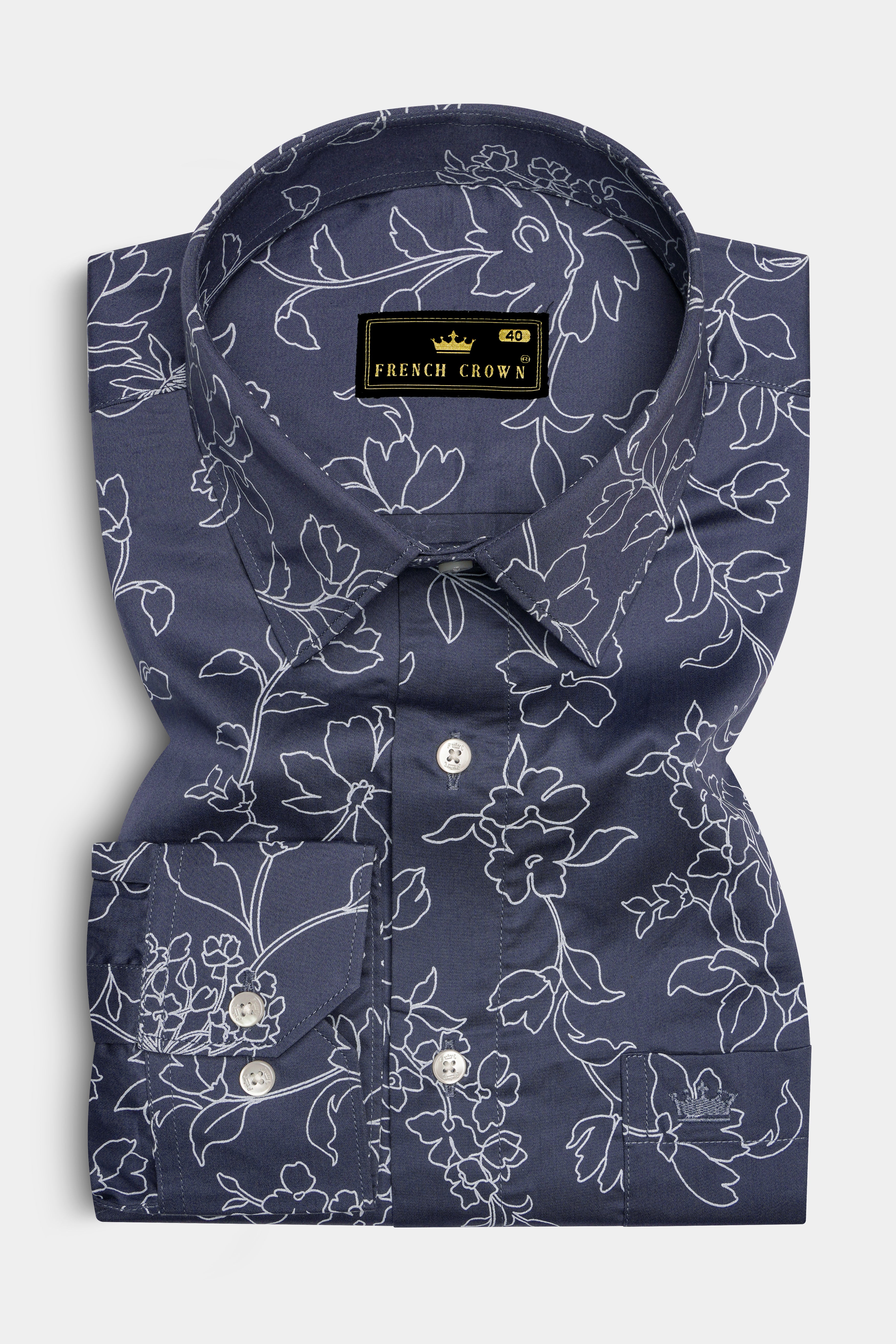 Mulled Wine Dark Gray and White Floral Printed Super Soft Premium Cotton Shirt