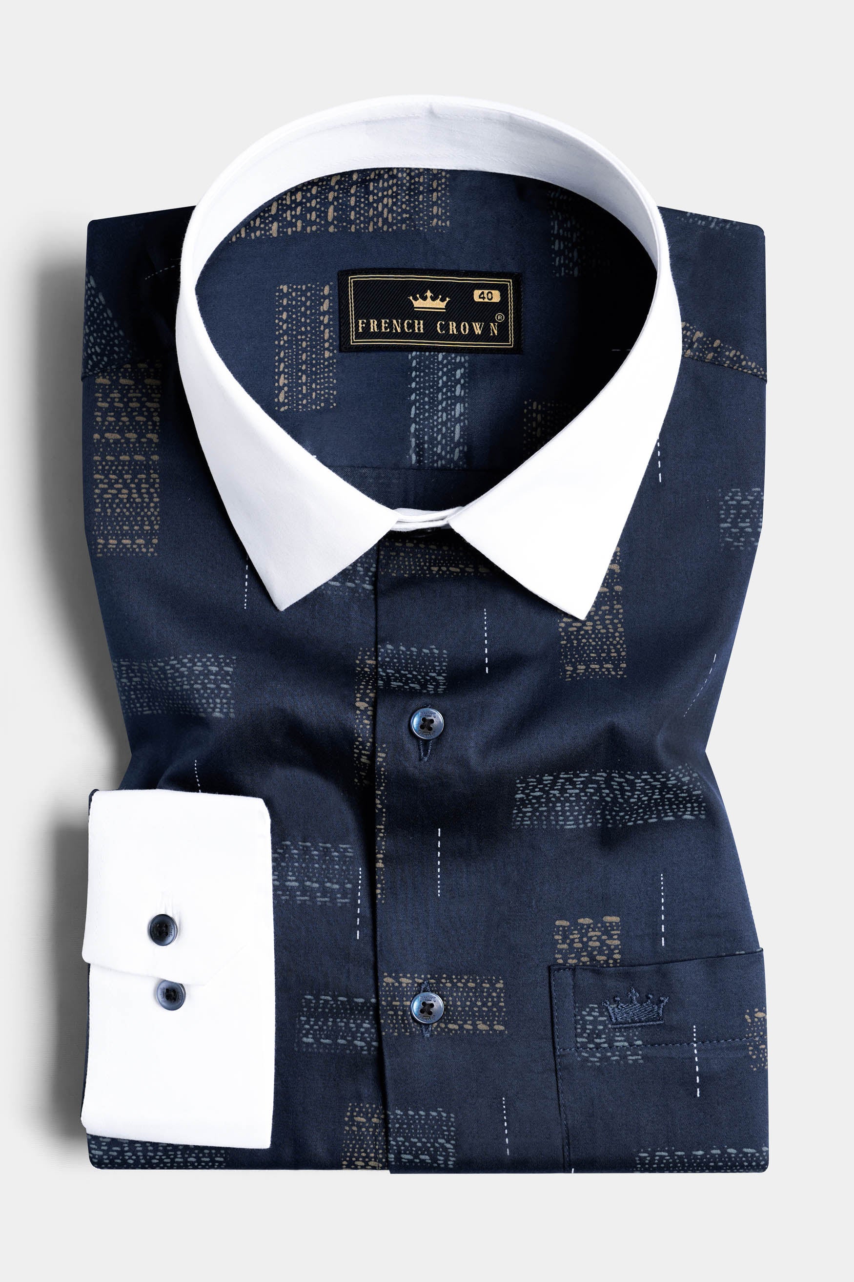 Mirage Navy Blue Printed with White Cuffs and Collar Super Soft Premium Cotton Shirt