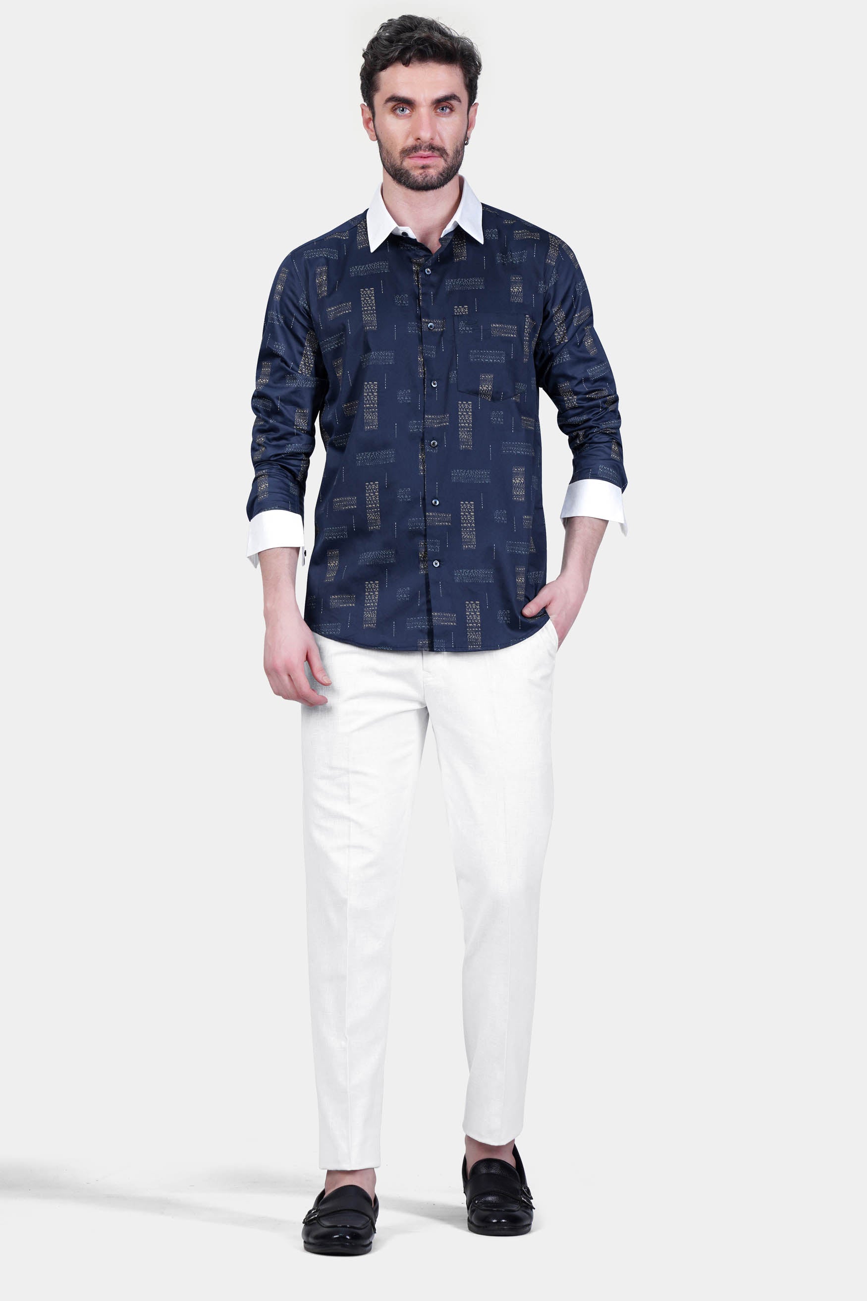 Mirage Navy Blue Printed with White Cuffs and Collar Super Soft Premium Cotton Shirt