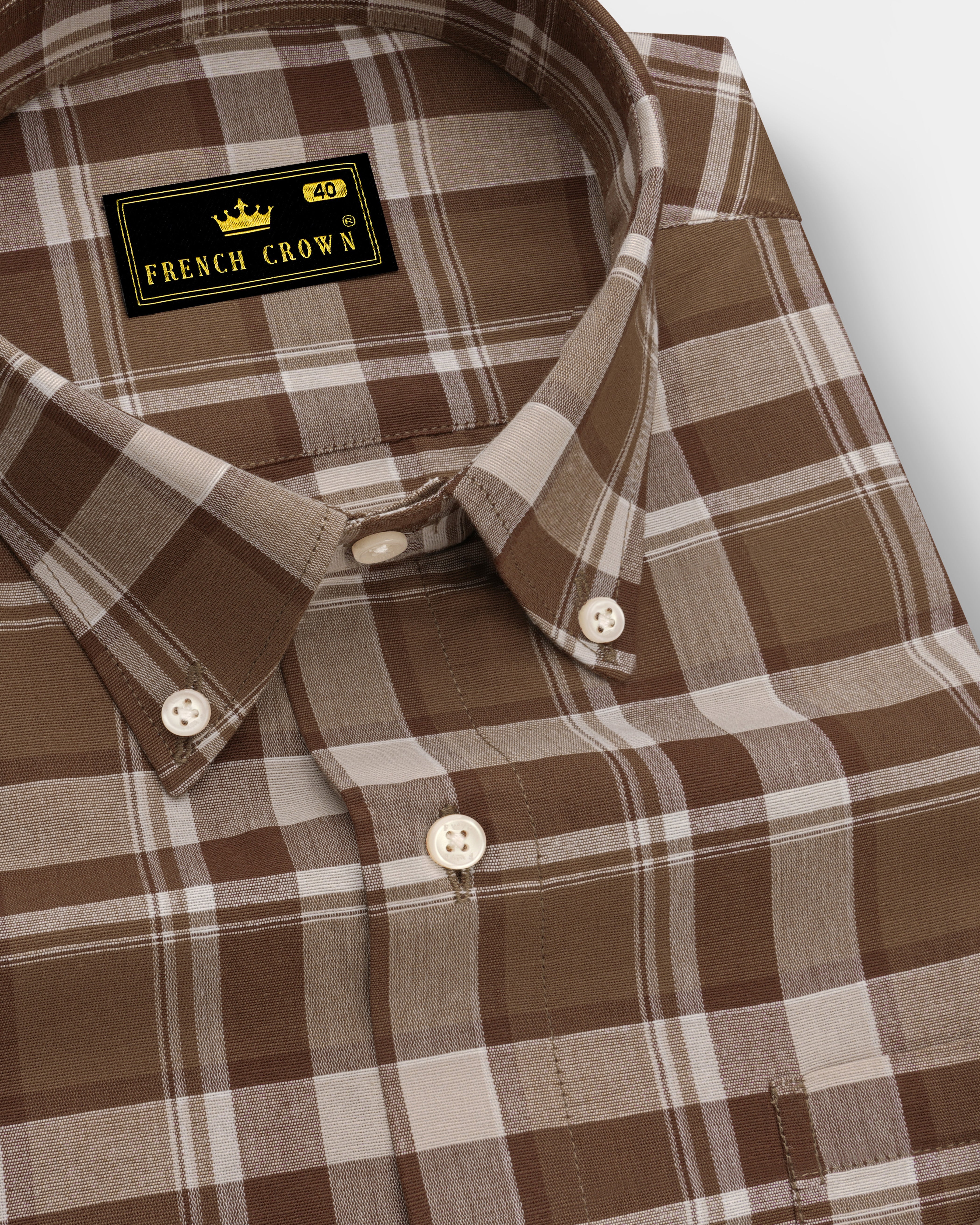 Spice Brown and White Plaid Chambray Button-Down Shirt