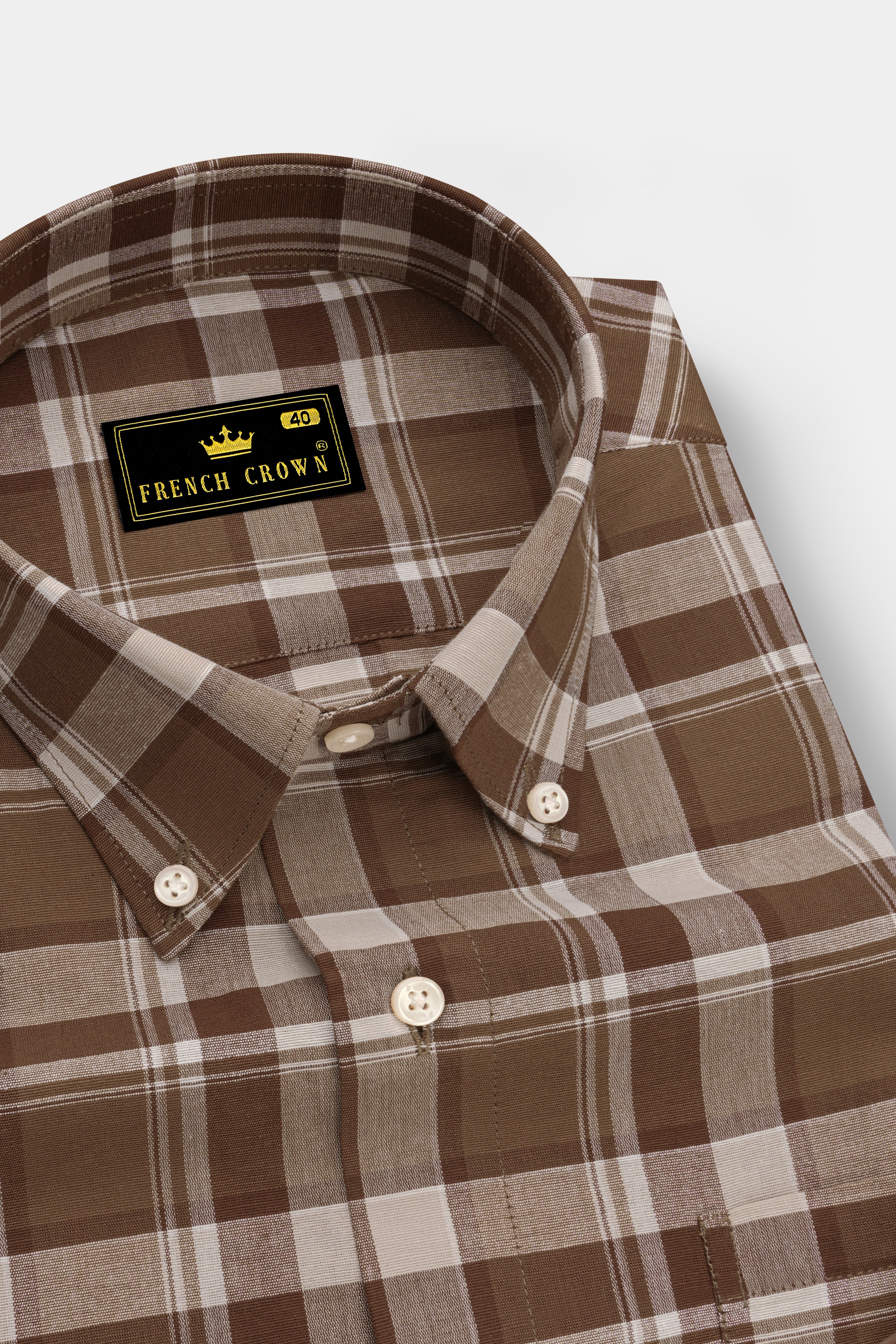 Spice Brown and White Plaid Chambray Button-Down Shirt