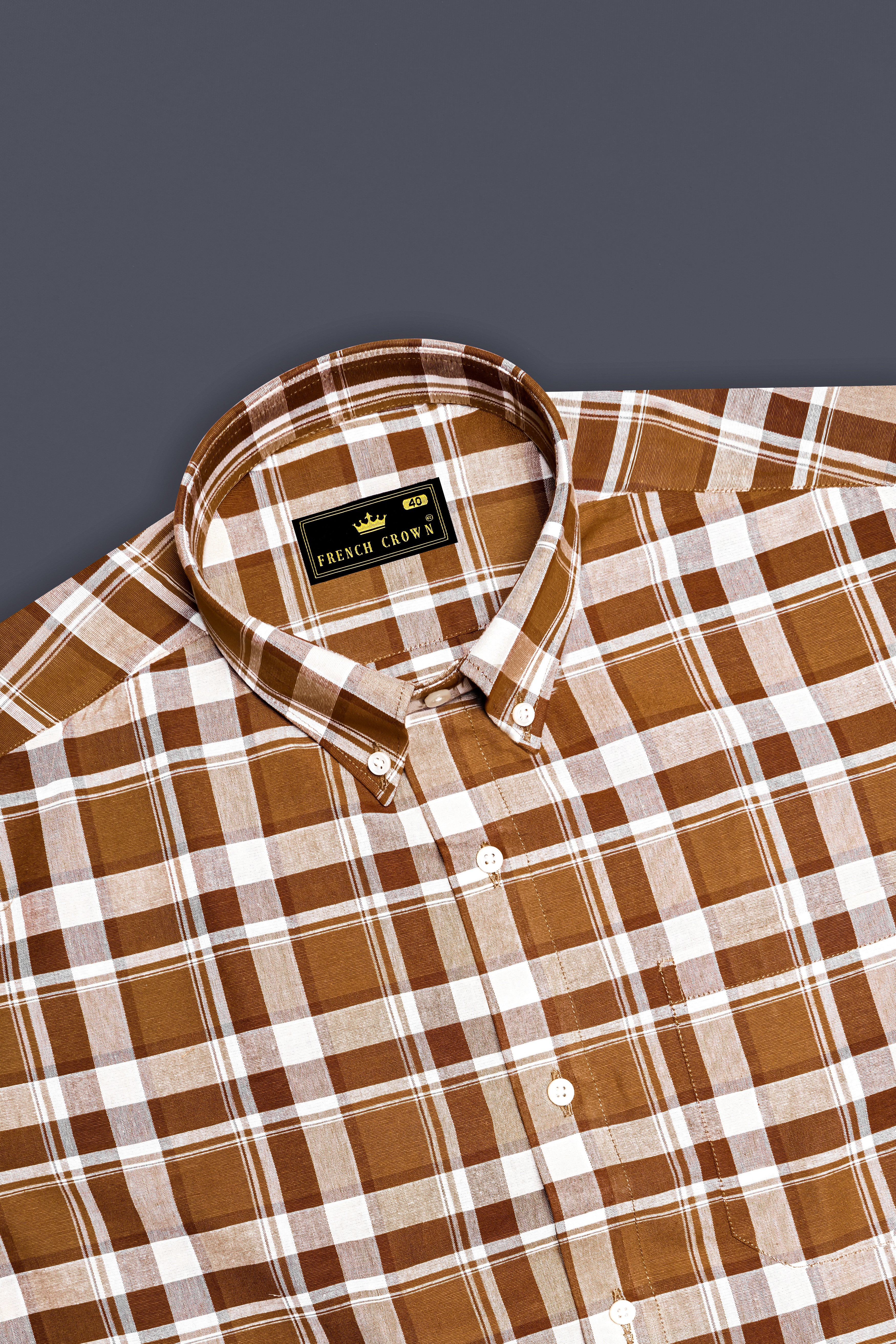 Spice Brown and White Plaid Chambray Button-Down Shirt
