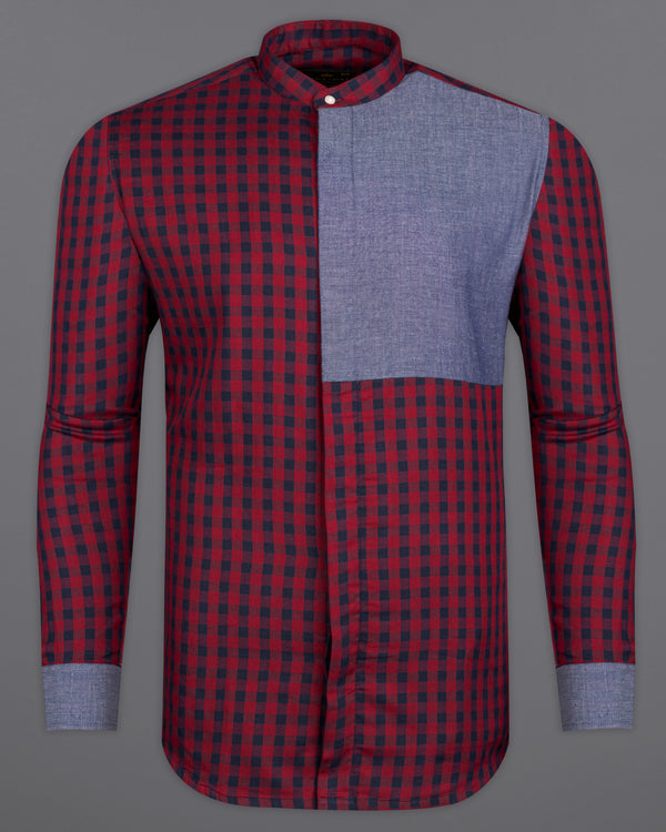 Merlot Red Checkered with River Bed Gray Patchwork Chambray Designer Shirt 9996-M-P251-38, 9996-M-P251-H-38, 9996-M-P251-39, 9996-M-P251-H-39, 9996-M-P251-40, 9996-M-P251-H-40, 9996-M-P251-42, 9996-M-P251-H-42, 9996-M-P251-44, 9996-M-P251-H-44, 9996-M-P251-46, 9996-M-P251-H-46, 9996-M-P251-48, 9996-M-P251-H-48, 9996-M-P251-50, 9996-M-P251-H-50, 9996-M-P251-52, 9996-M-P251-H-52