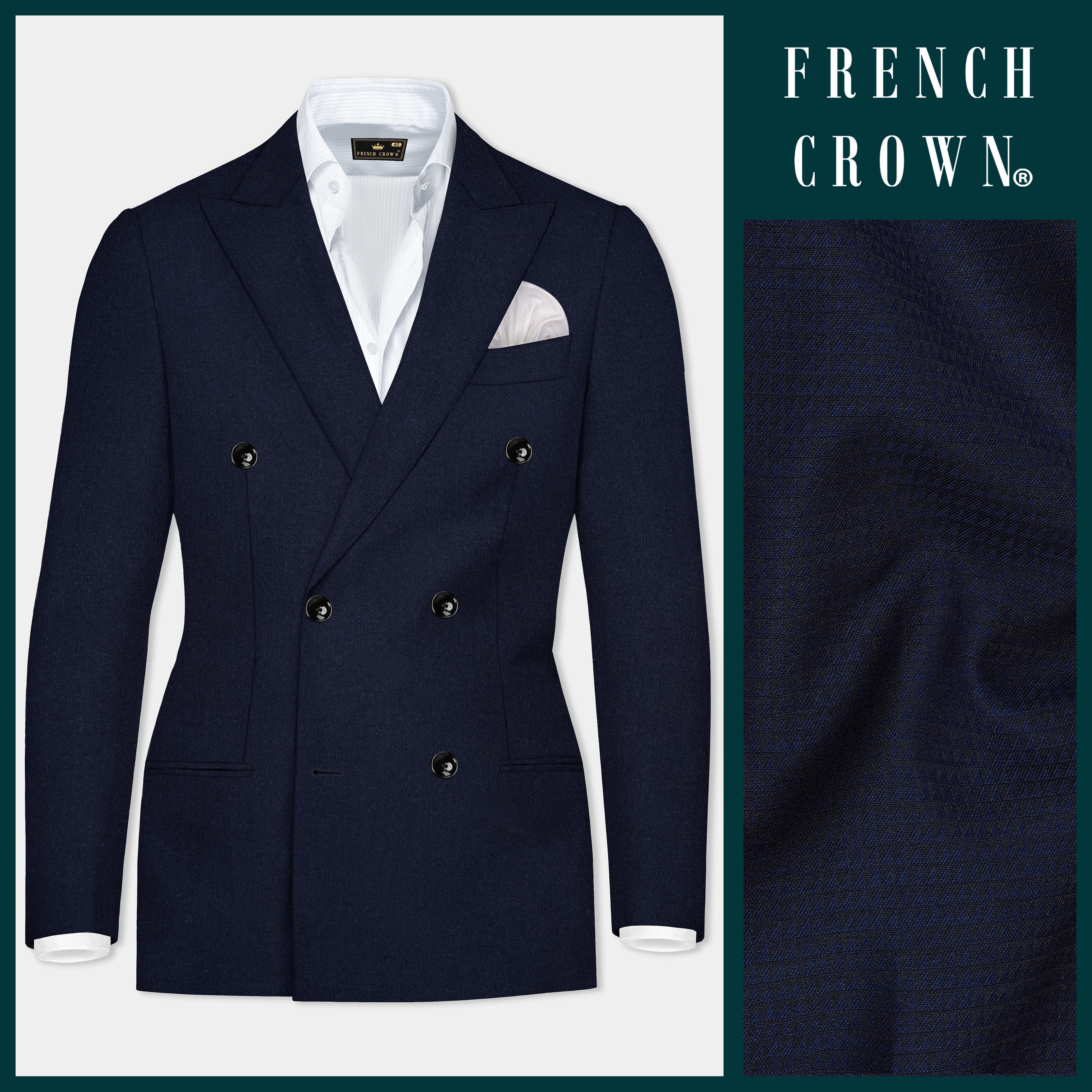 Tuna Navy Blue Textured Premium Terry Rayon Double-Breasted-Blazer