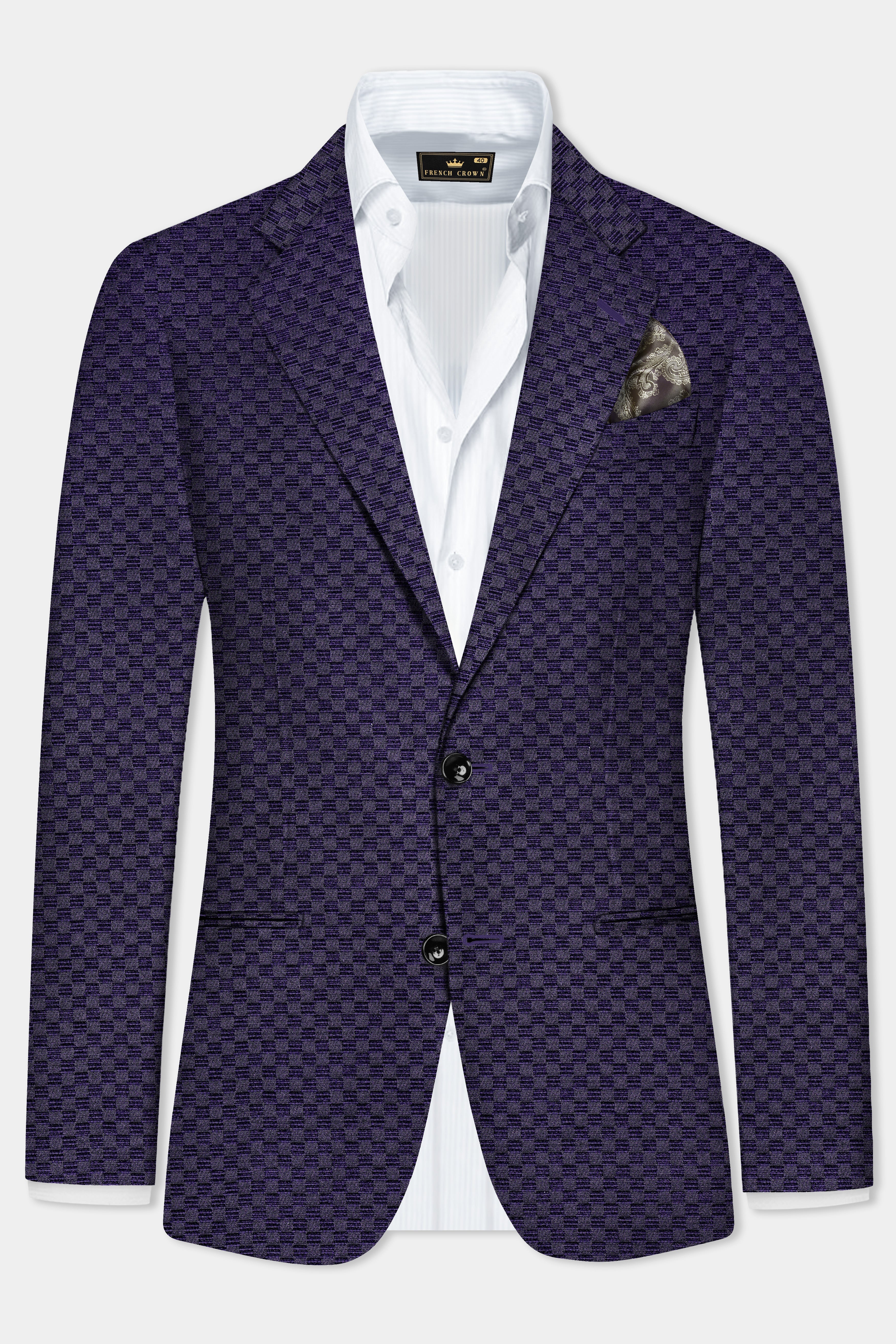 Ebony Purple Checkerboard Jacquard Textured Designer Blazer