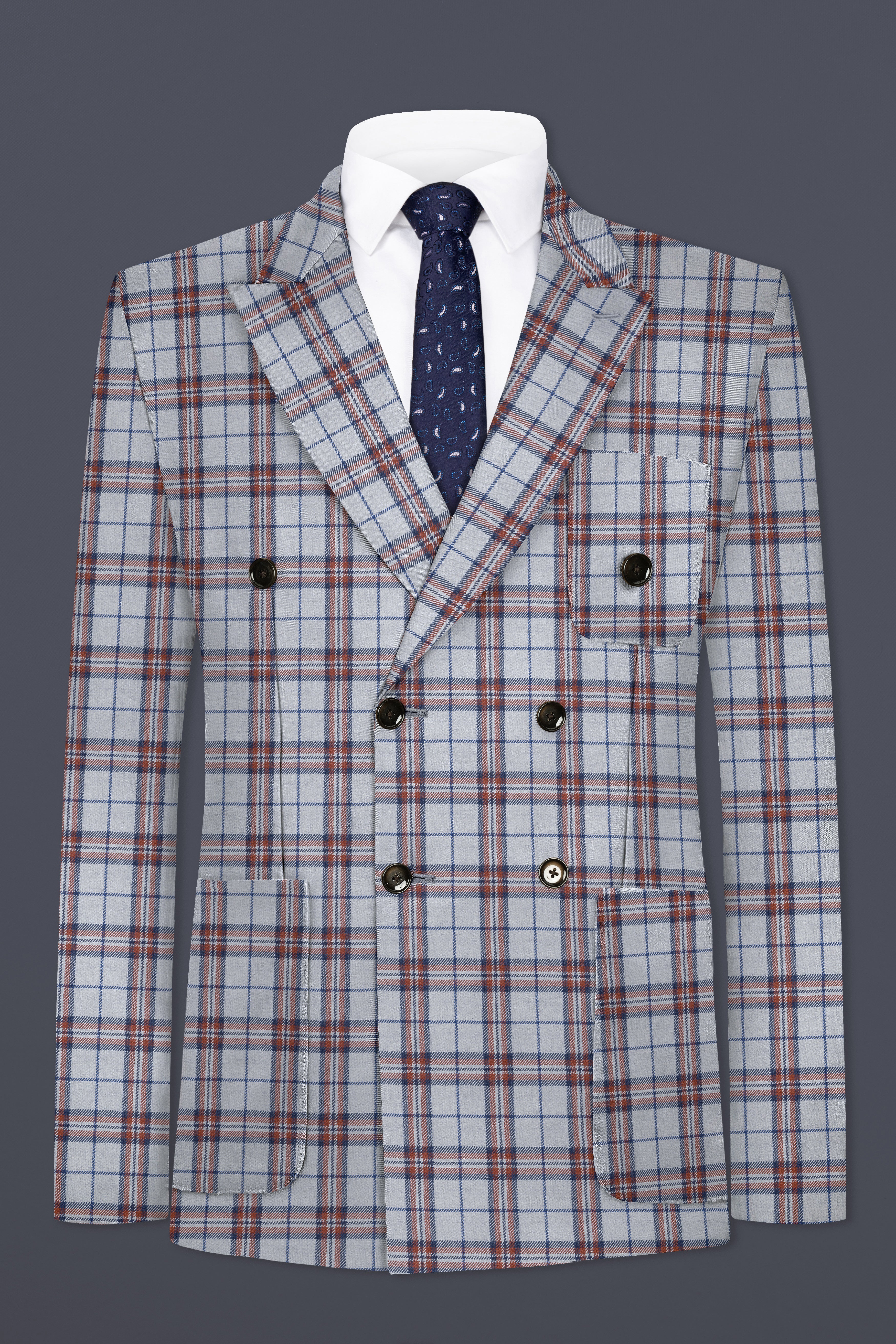 Cadet Grey with Maroon and Blue Plaid Double Breasted Tweed Blazer