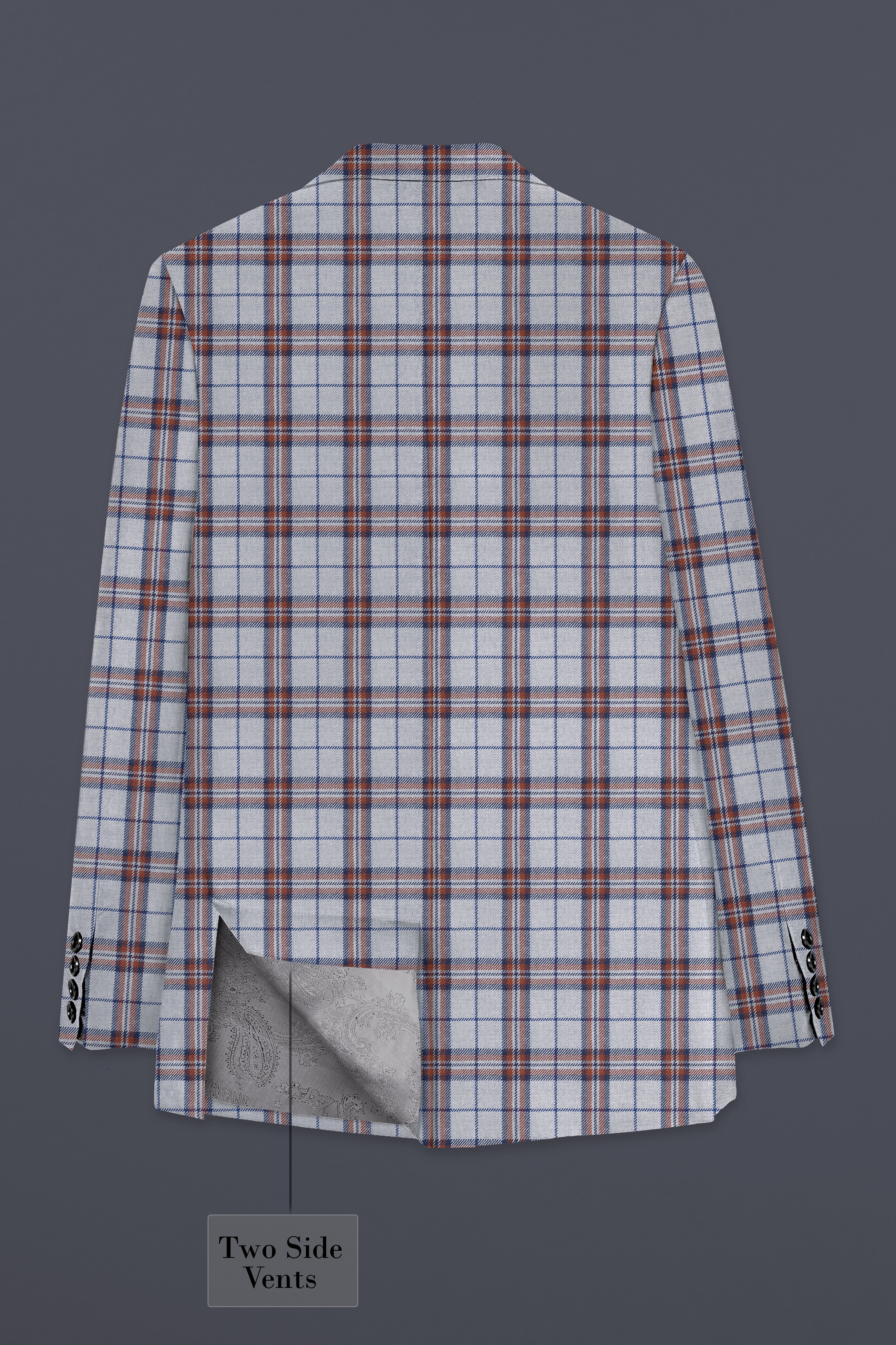 Cadet Grey with Maroon and Blue Plaid Double Breasted Tweed Blazer