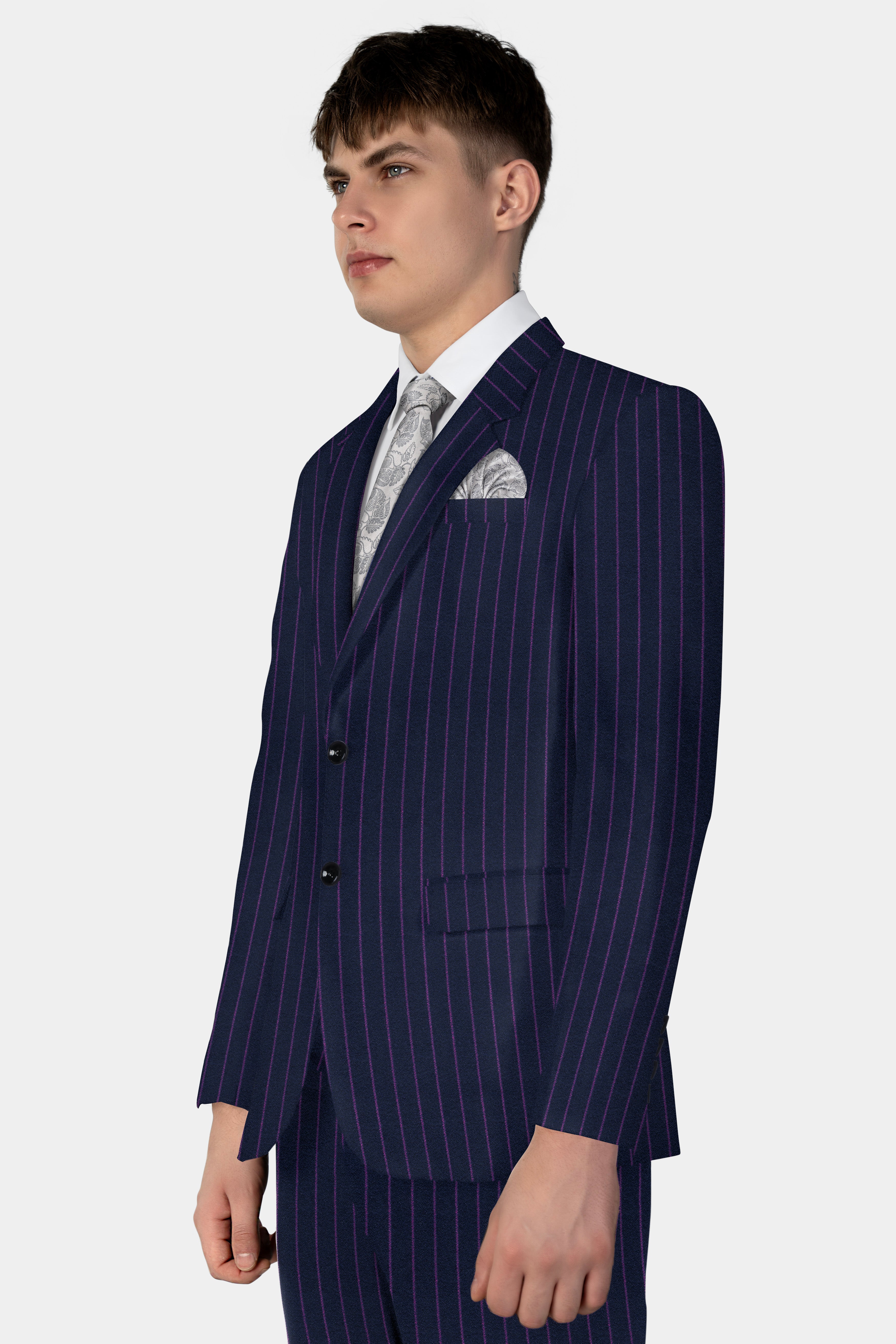 Steel Blue with Grape Purple Striped Wool Blend Blazer