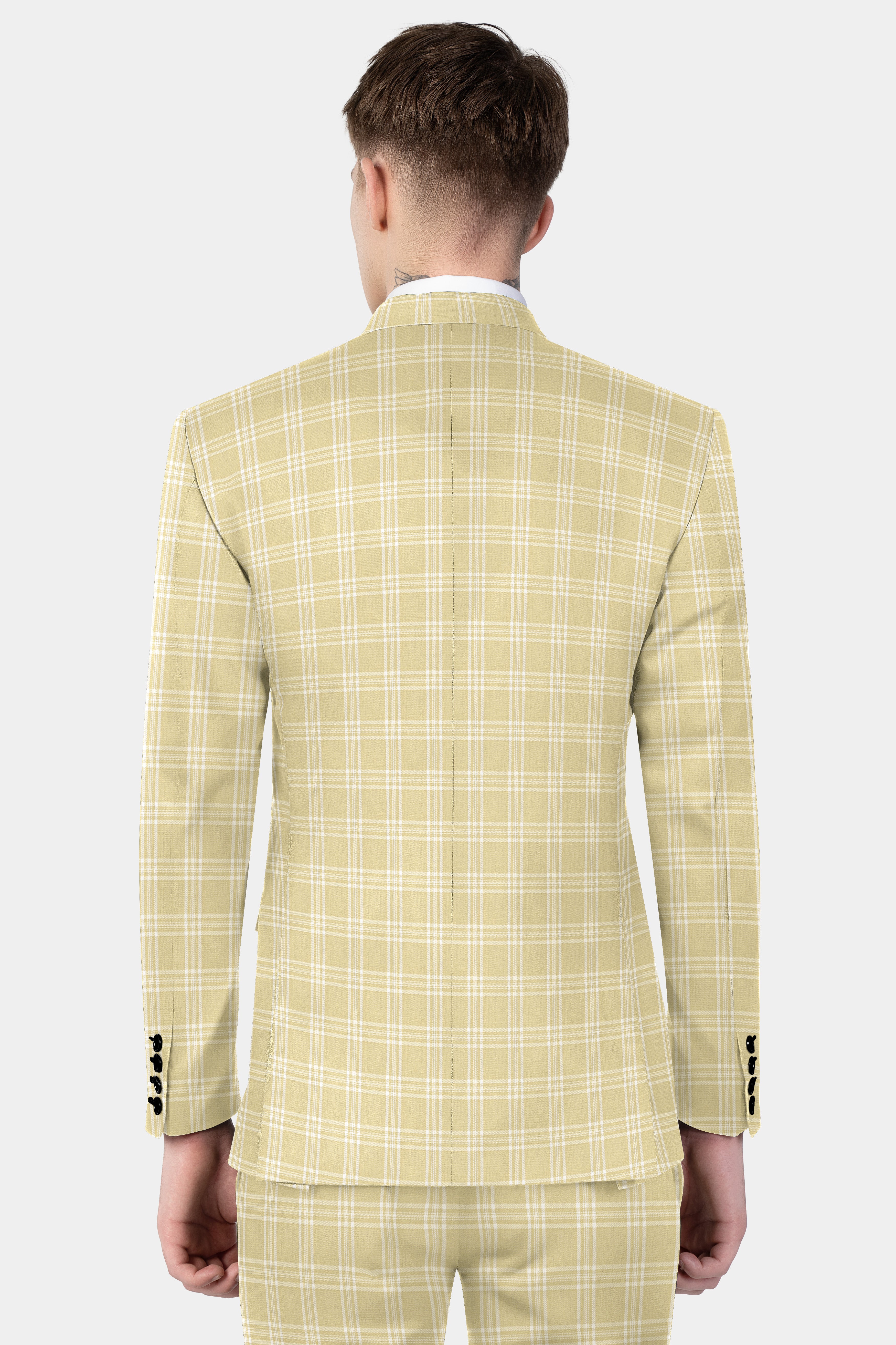 Desert Sand Cream Plaid Wool Blend Double Breasted Blazer