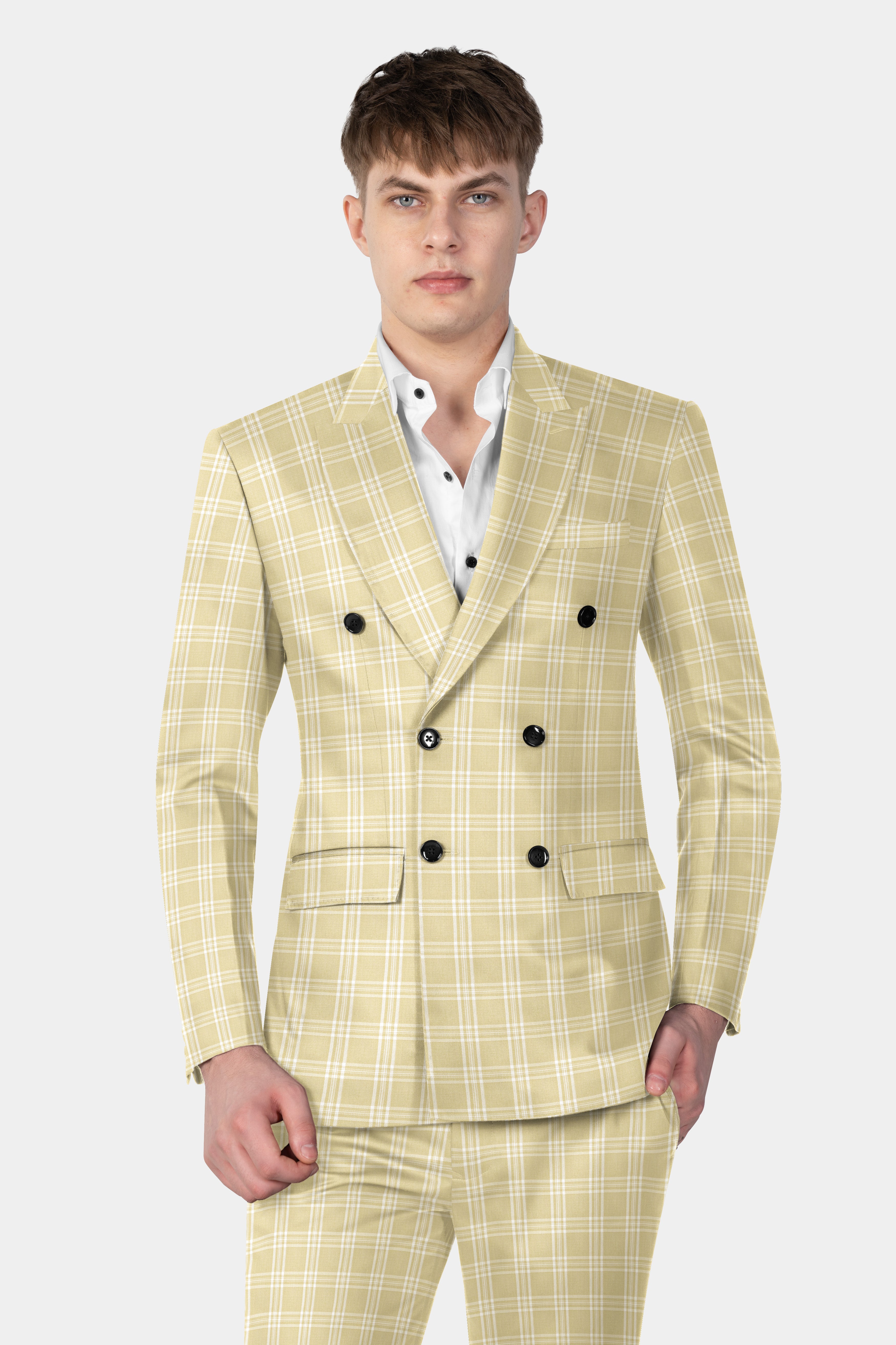 Desert Sand Cream Plaid Wool Blend Double Breasted Blazer