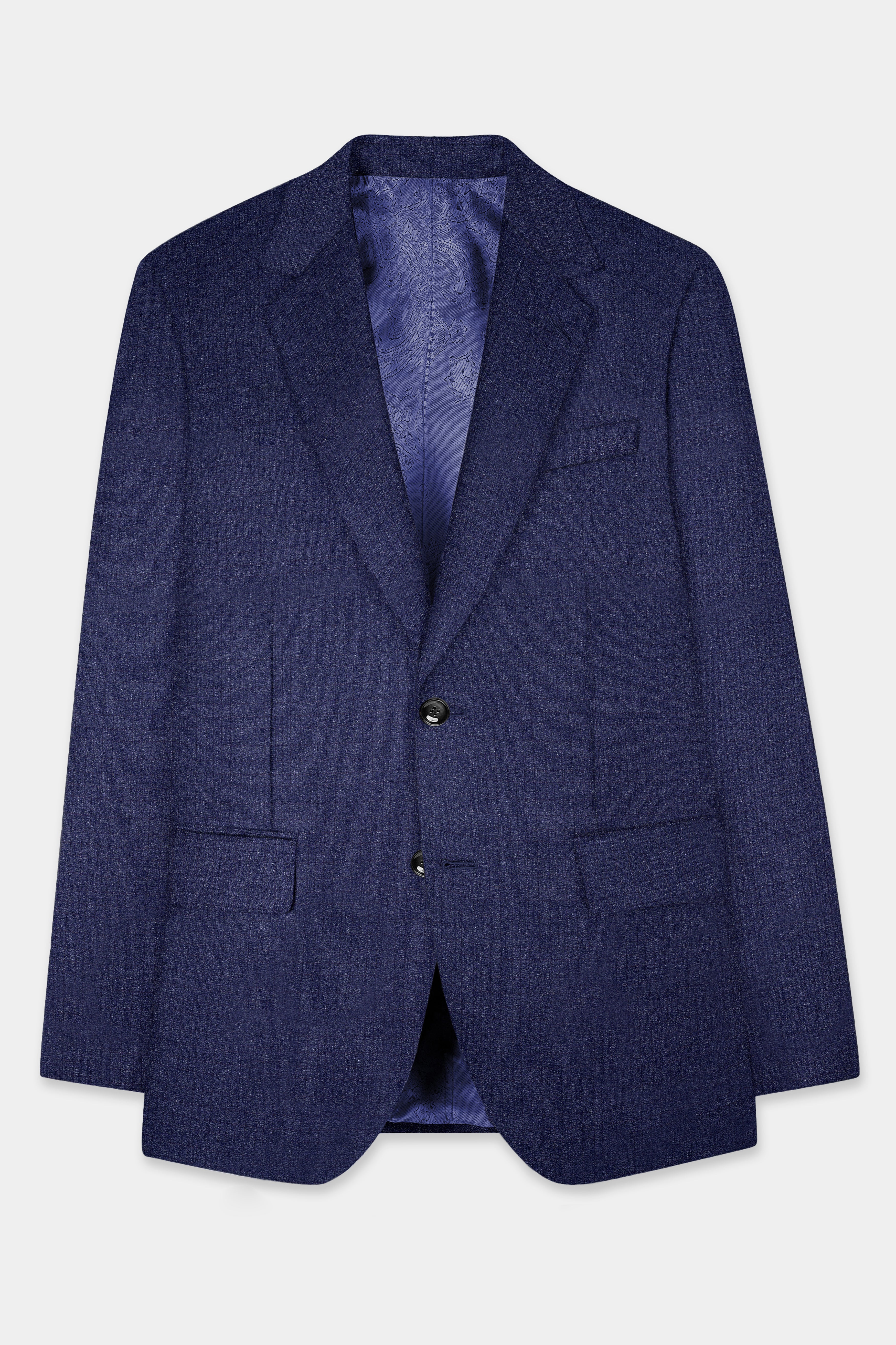 Ebony Clay Blue Textured Wool Blend Single Breasted Blazer