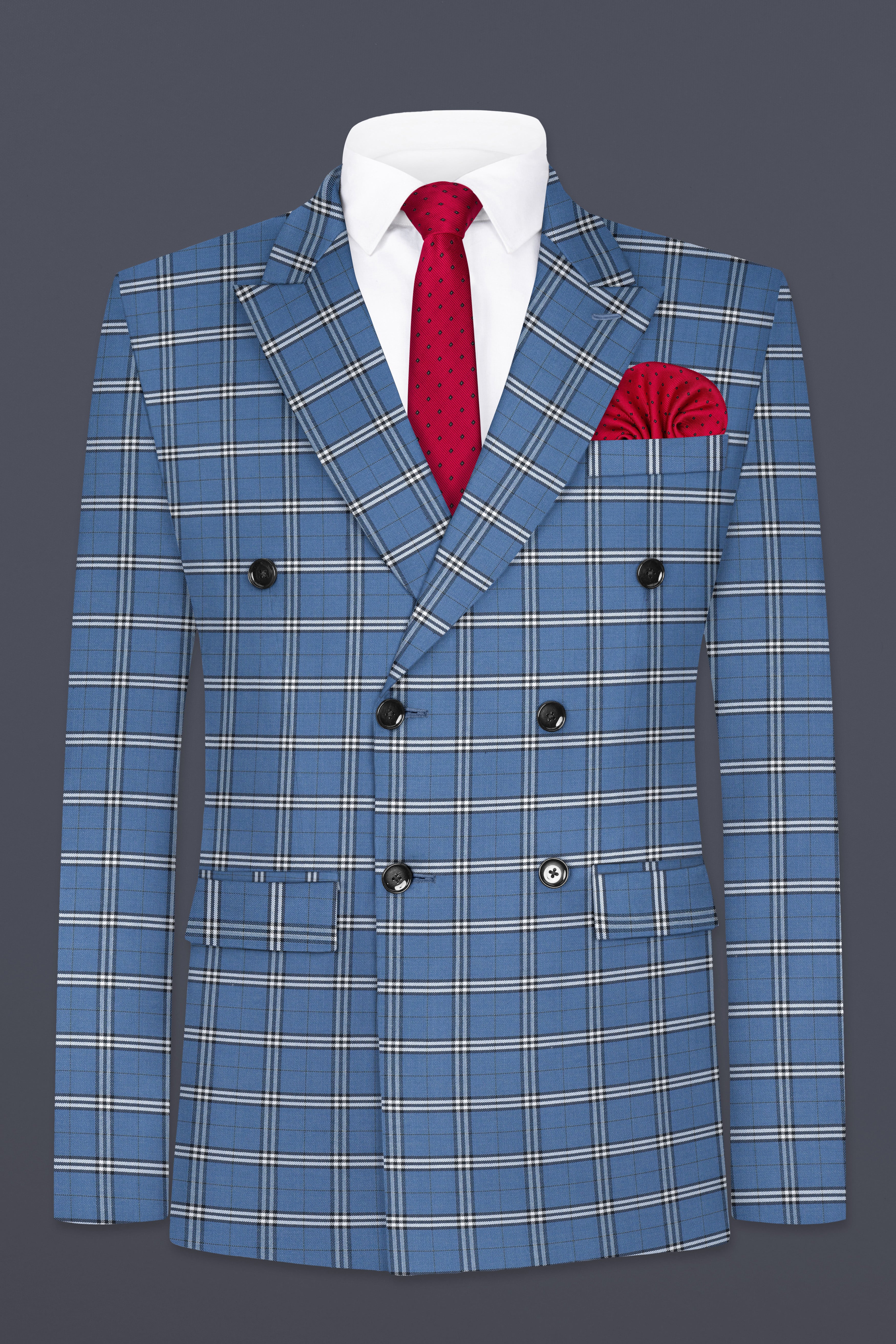 Metalic Blue Plaid Wool Blend Double Breasted Blazer