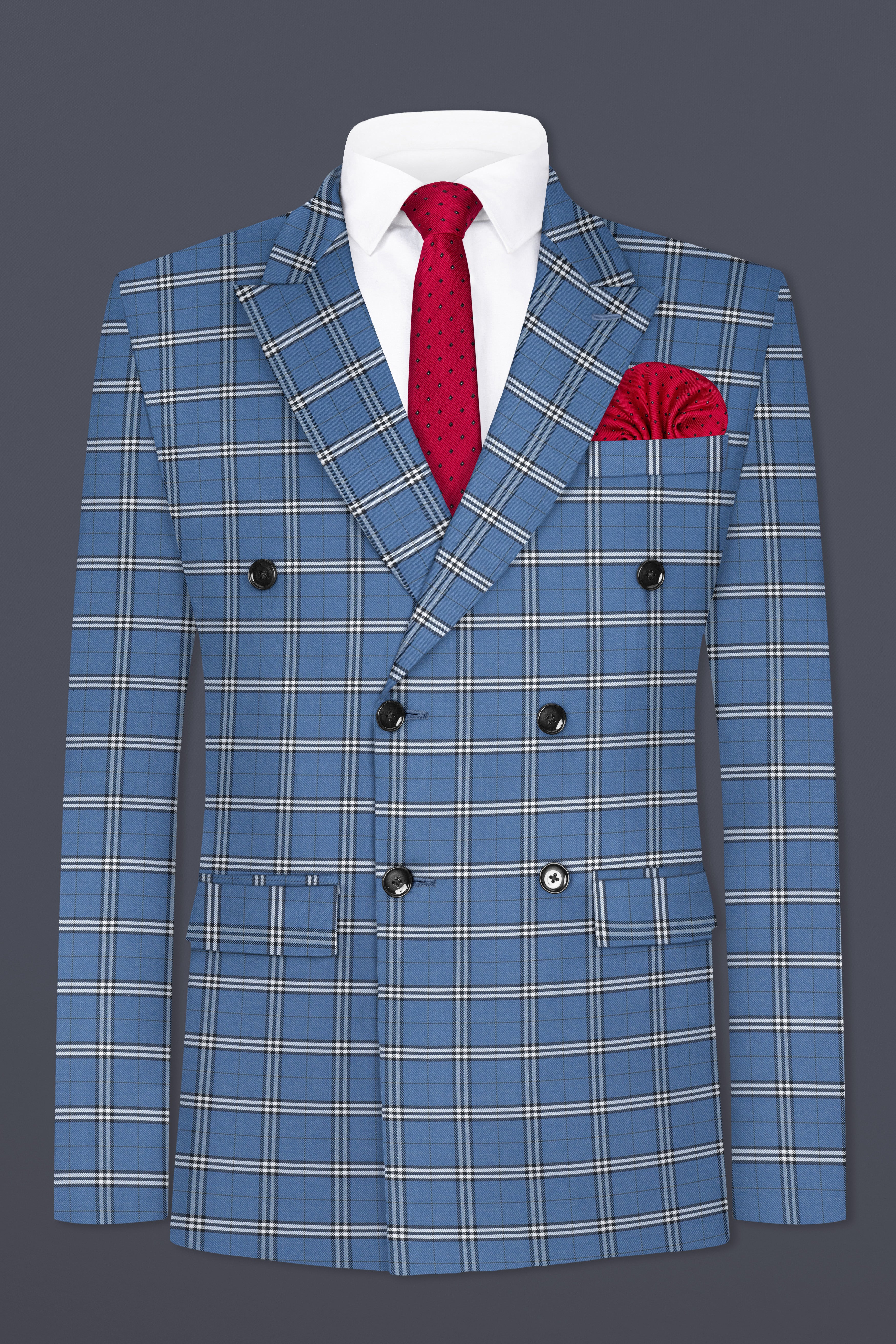 Metalic Blue Plaid Wool Blend Double Breasted Blazer