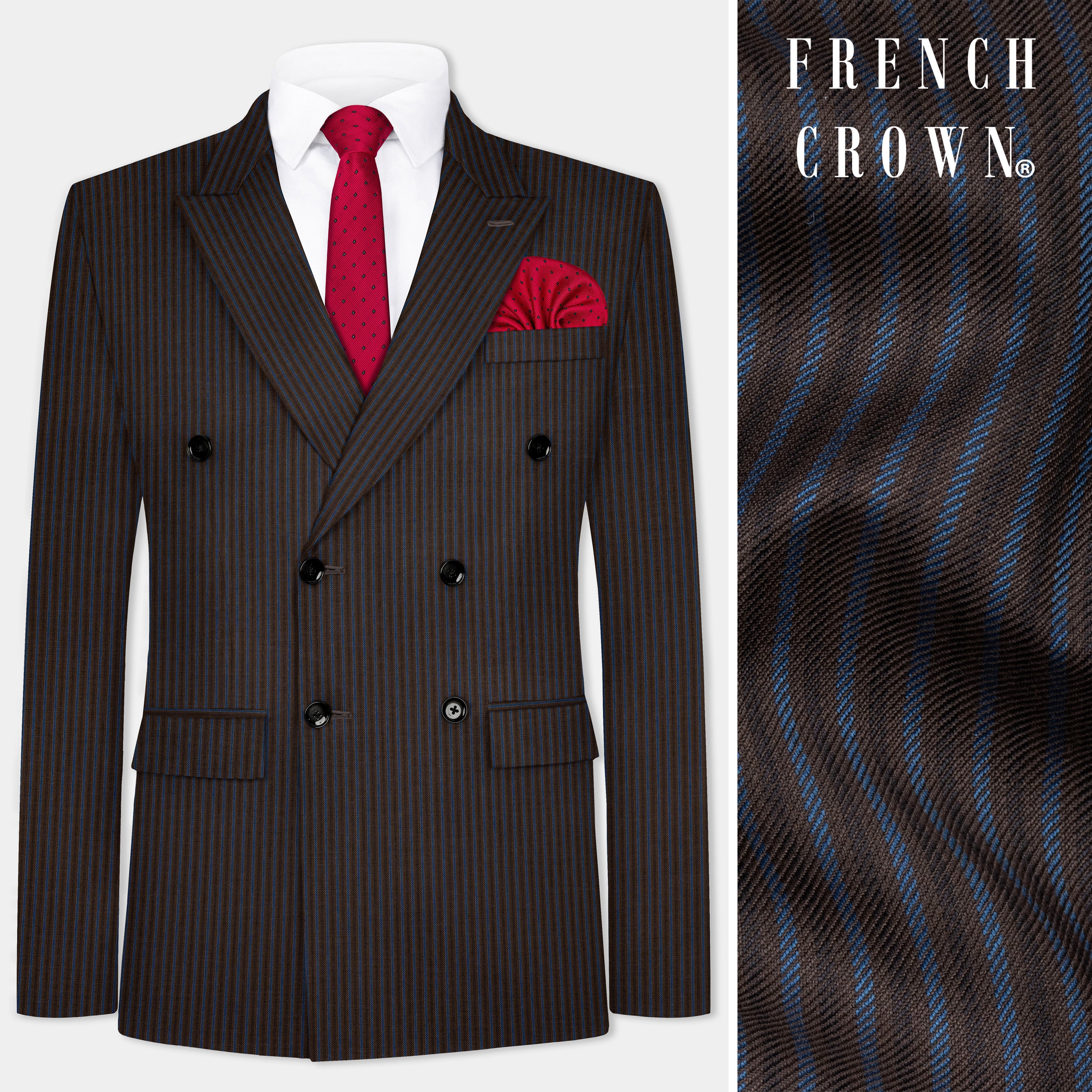 Eclipse Brown with Kashmir Blue Stripes Premium Wool Blend Double