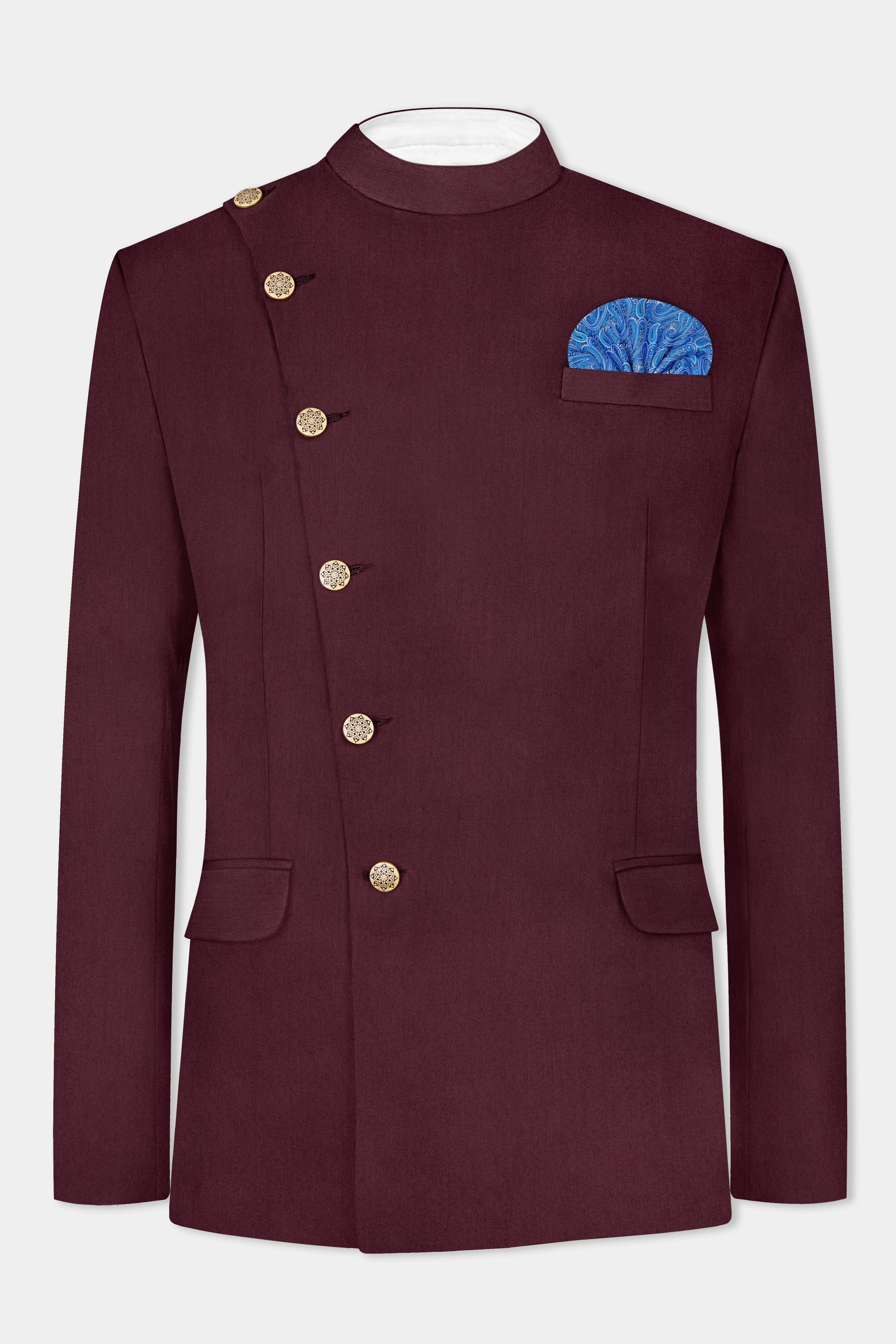 Tamarind Maroon Wool Blend Cross Placket Bandhgala Blazer