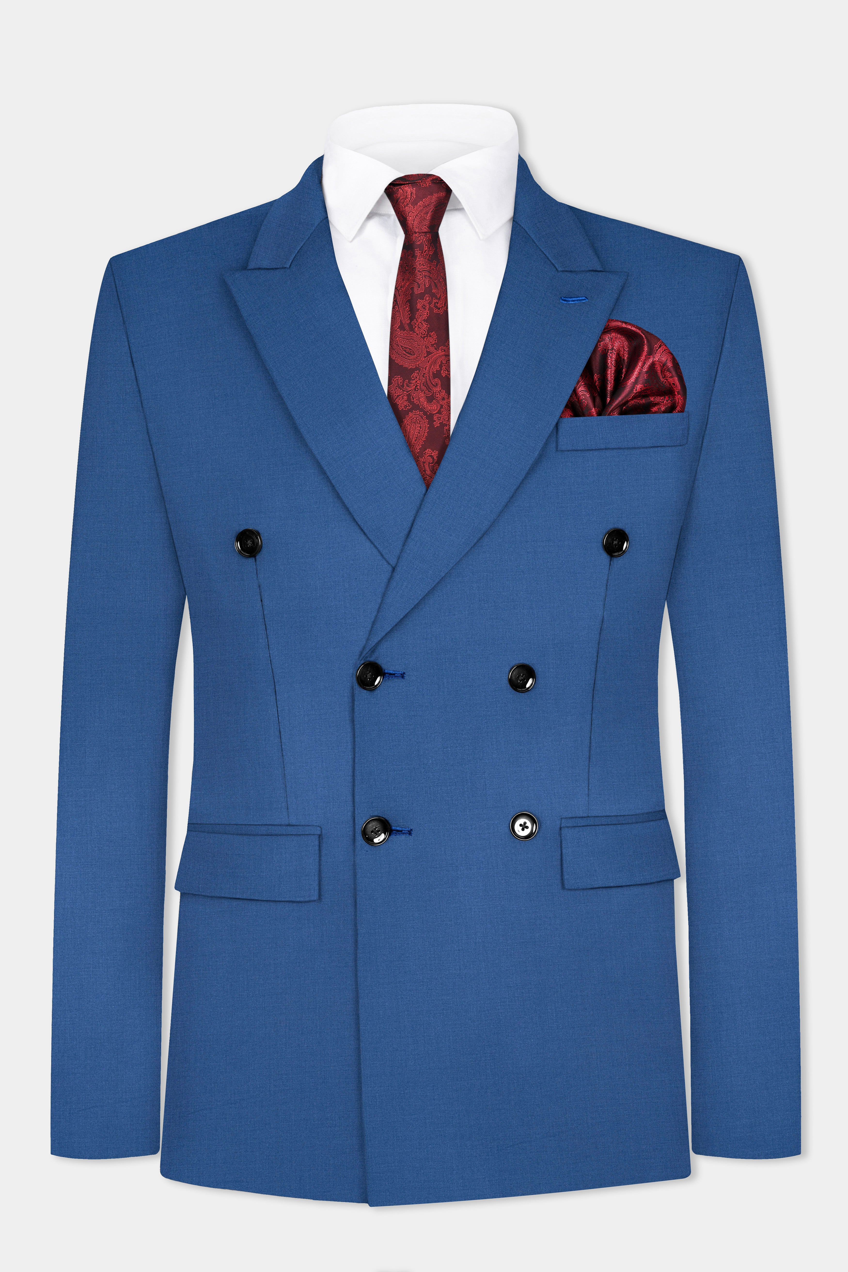 Rhino Blue Solid Wool Blend Double Breasted Blazer