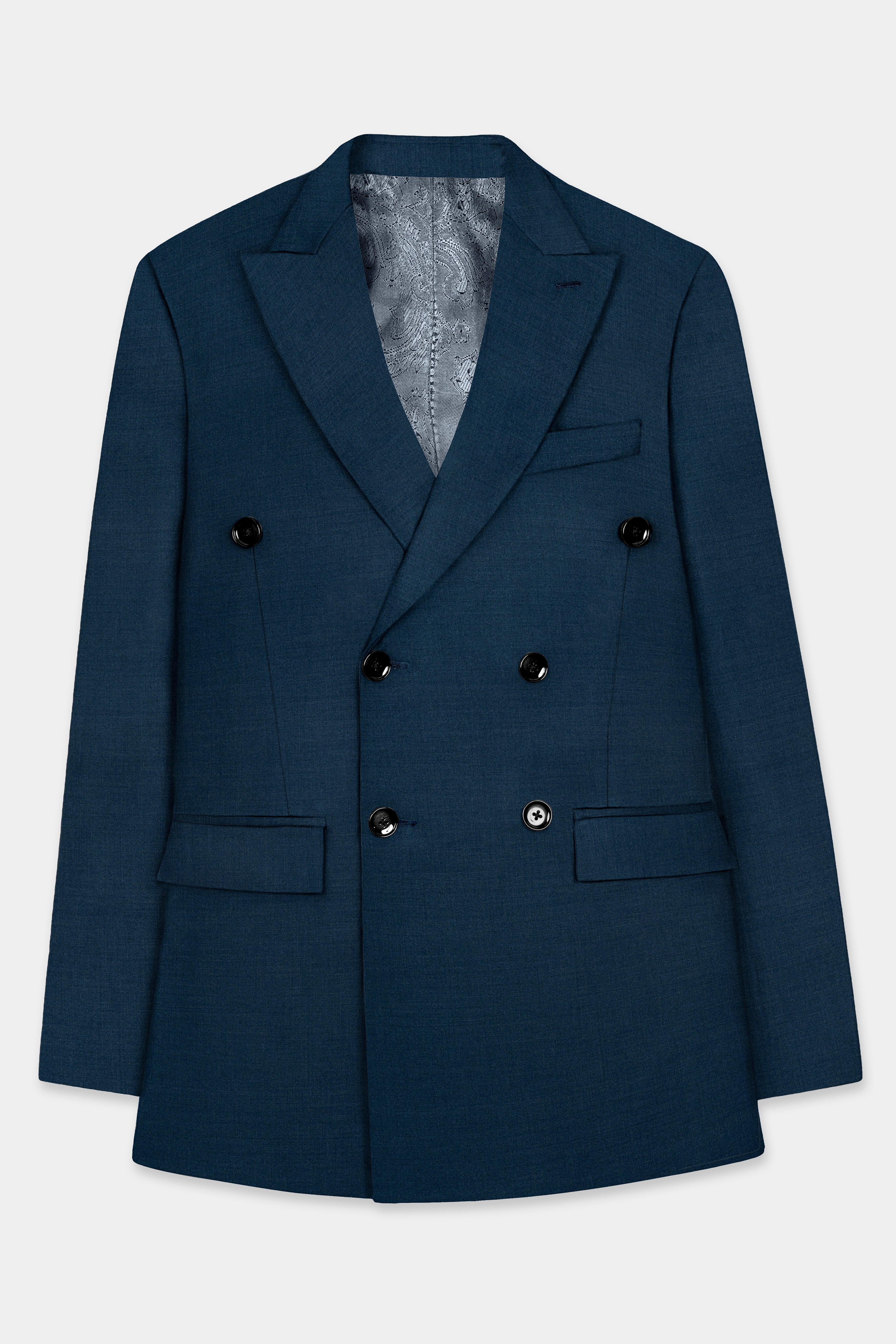 Daintree Blue Solid Wool Blend Double Breasted Blazer