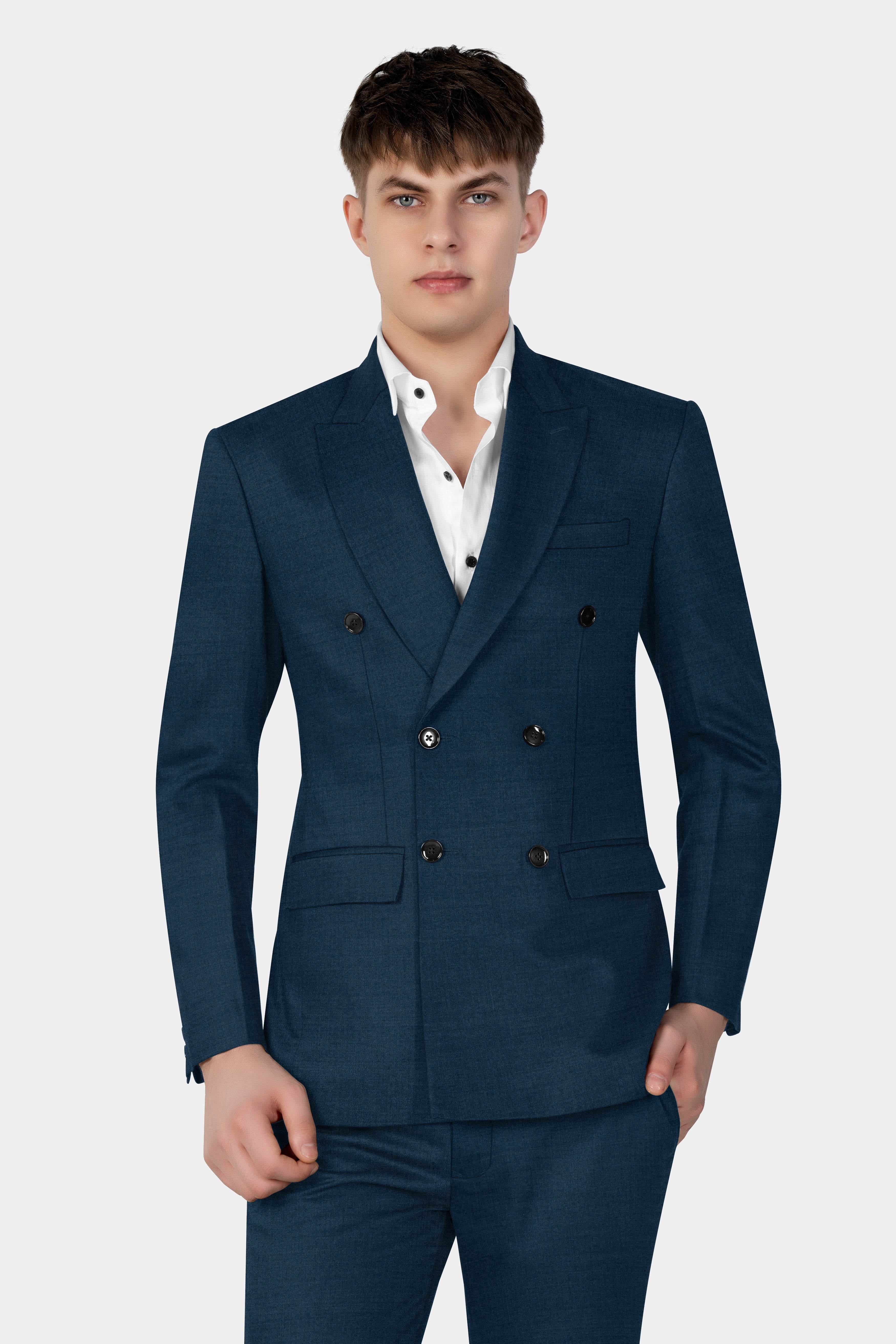 Daintree Blue Solid Wool Blend Double Breasted Blazer