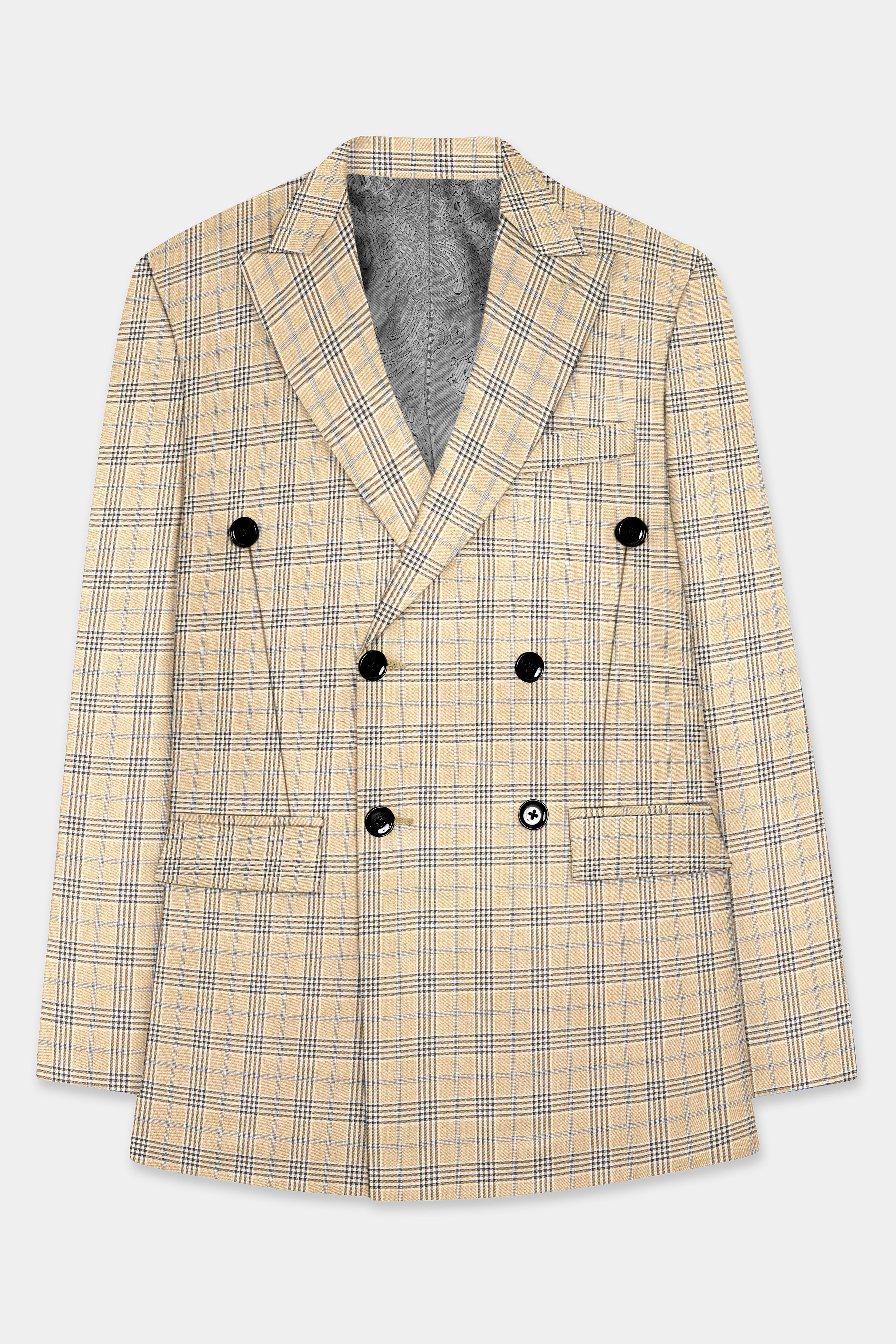 Cameo Cream Plaid Super Fine Wool Blend Double Breasted Blazer