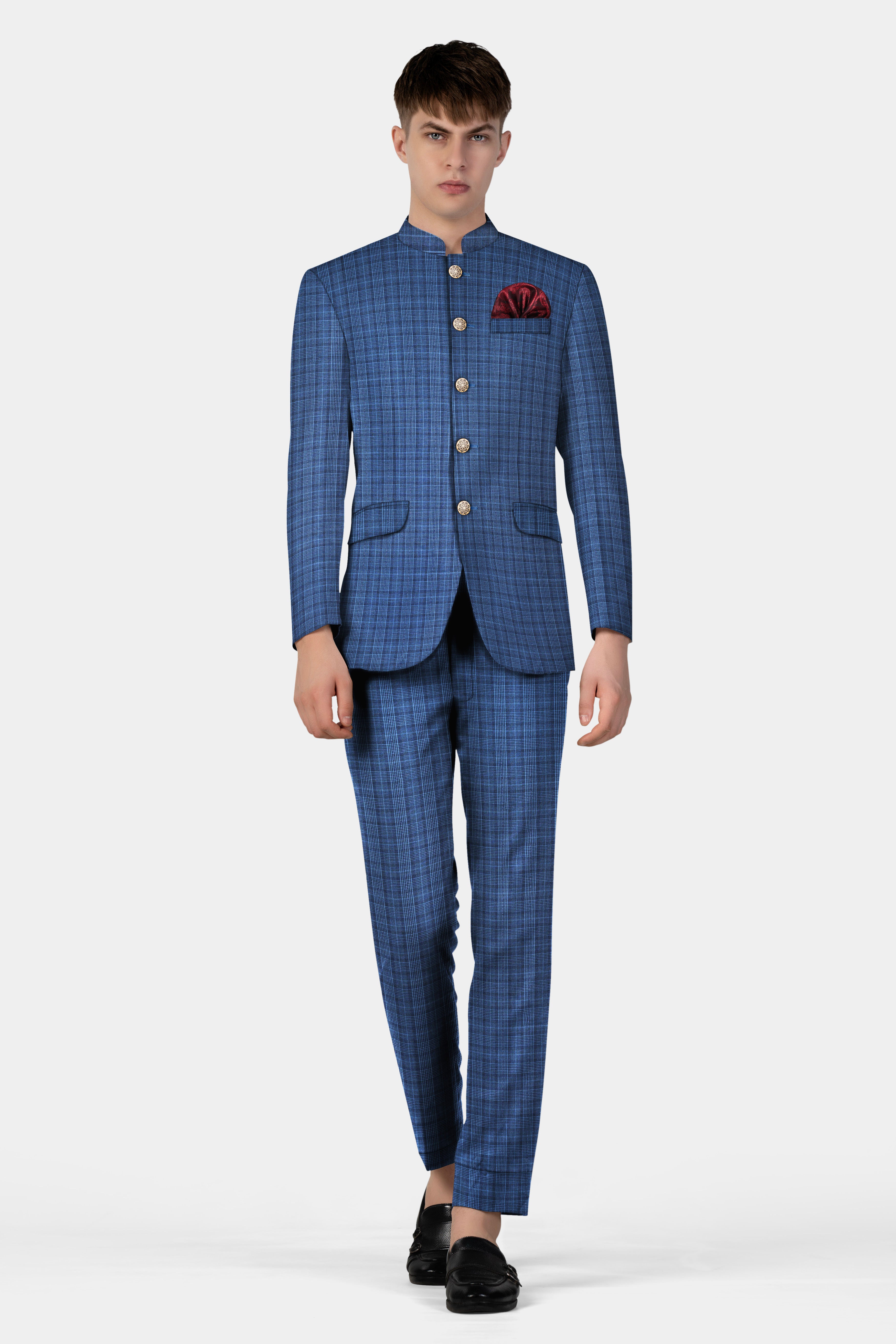 Mid Blue Plaid Wool Rich Bandhgala Blazer