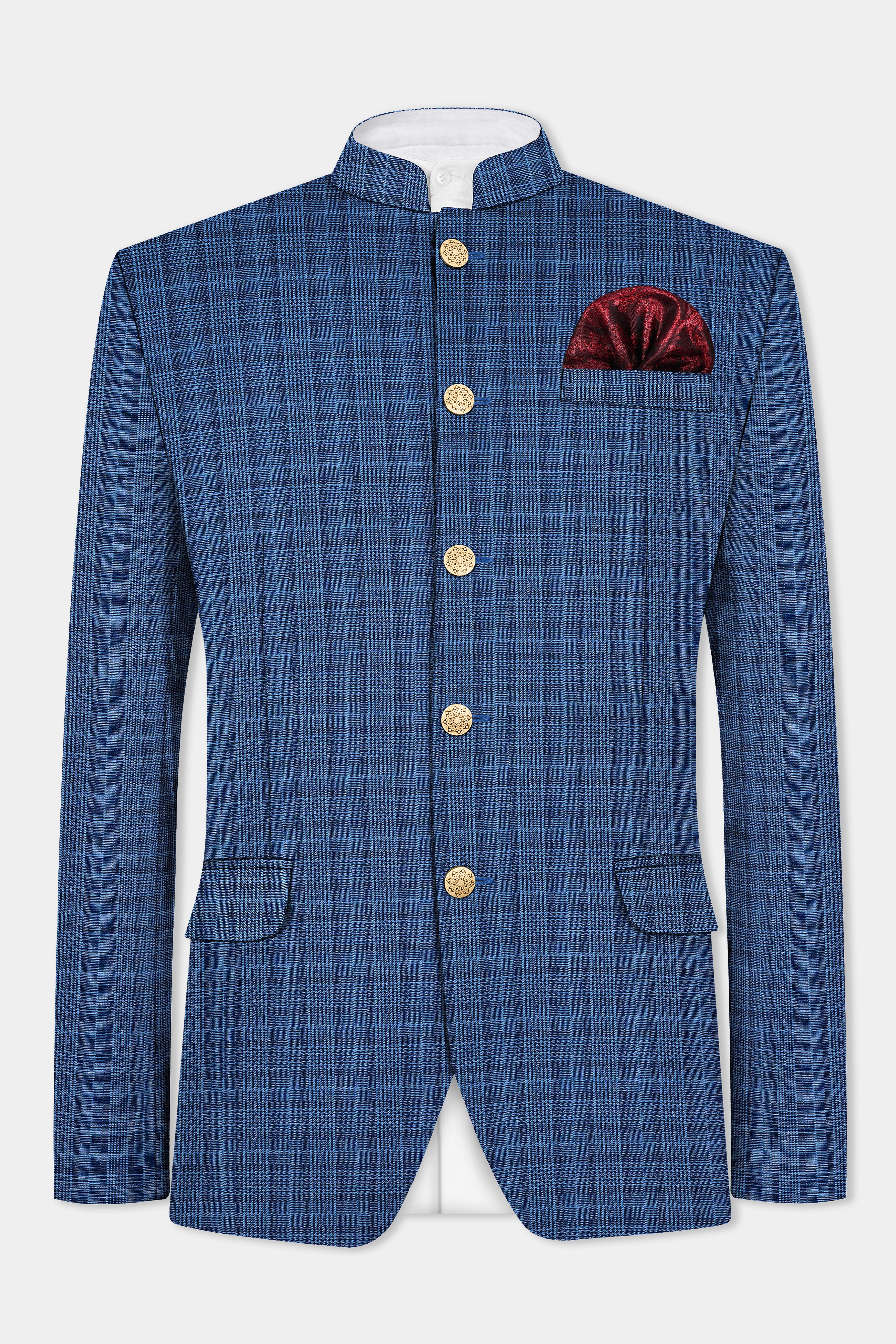 Mid Blue Plaid Wool Rich Bandhgala Blazer