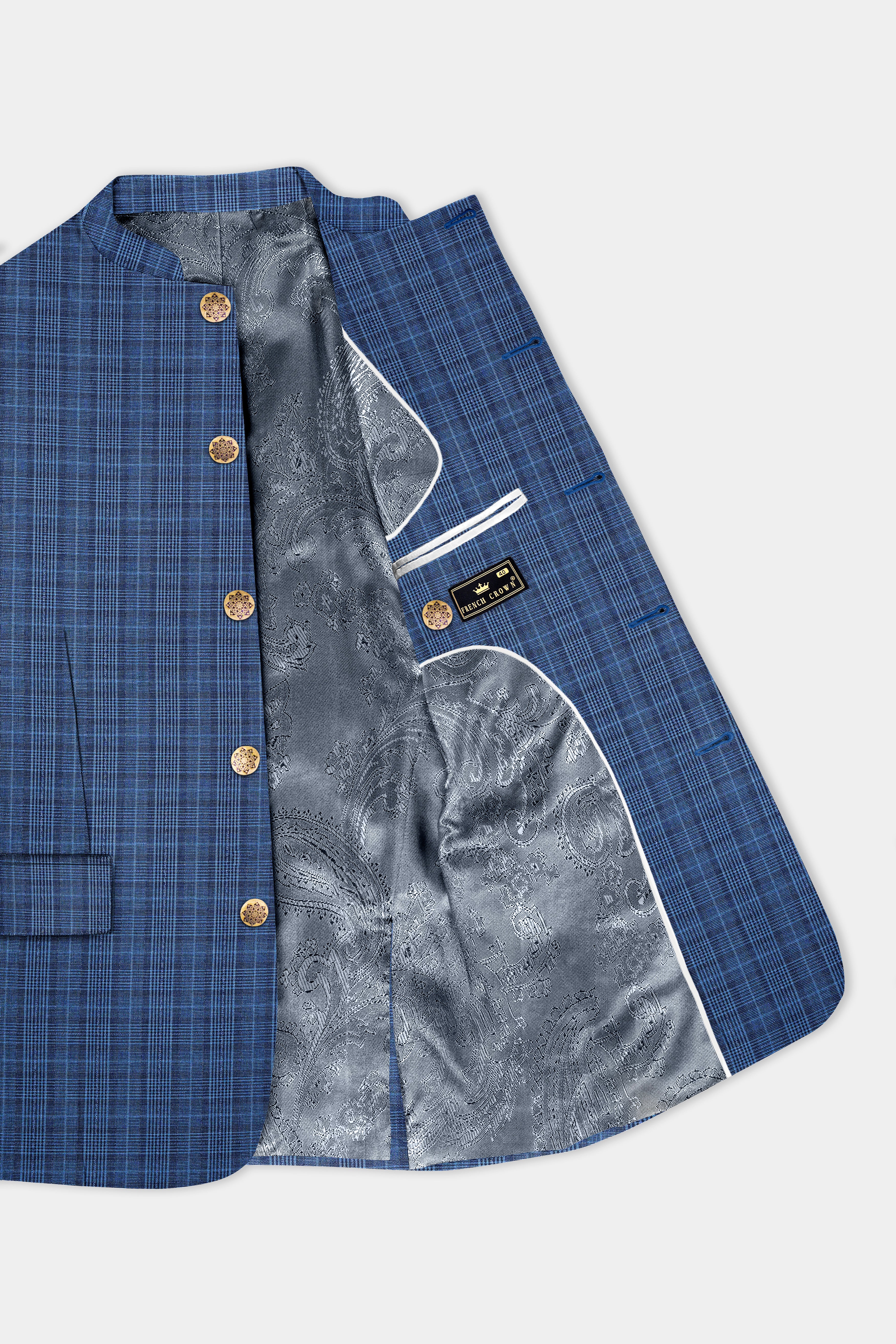 Mid Blue Plaid Wool Rich Bandhgala Blazer