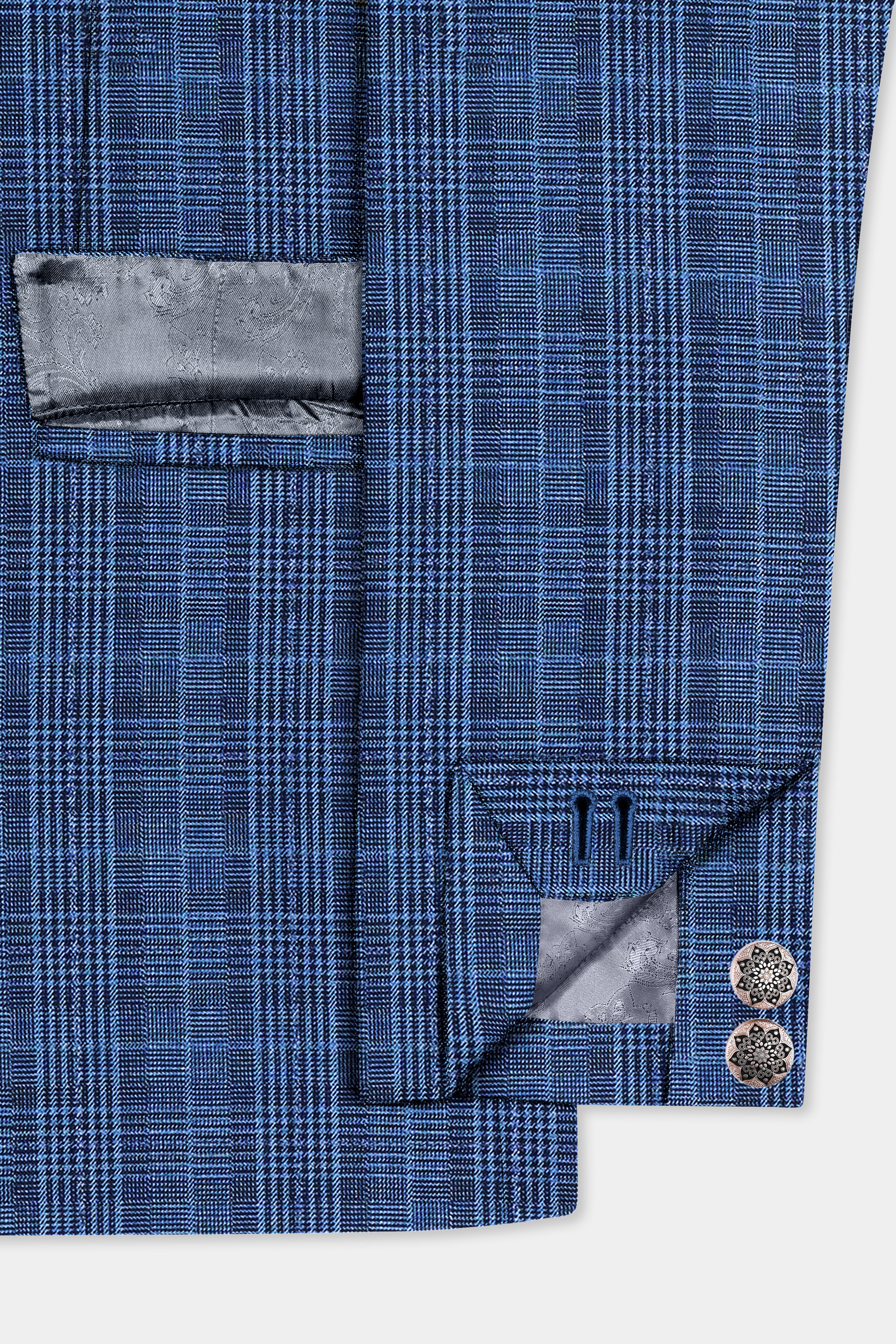 Mid Blue Plaid Wool Rich Bandhgala Blazer