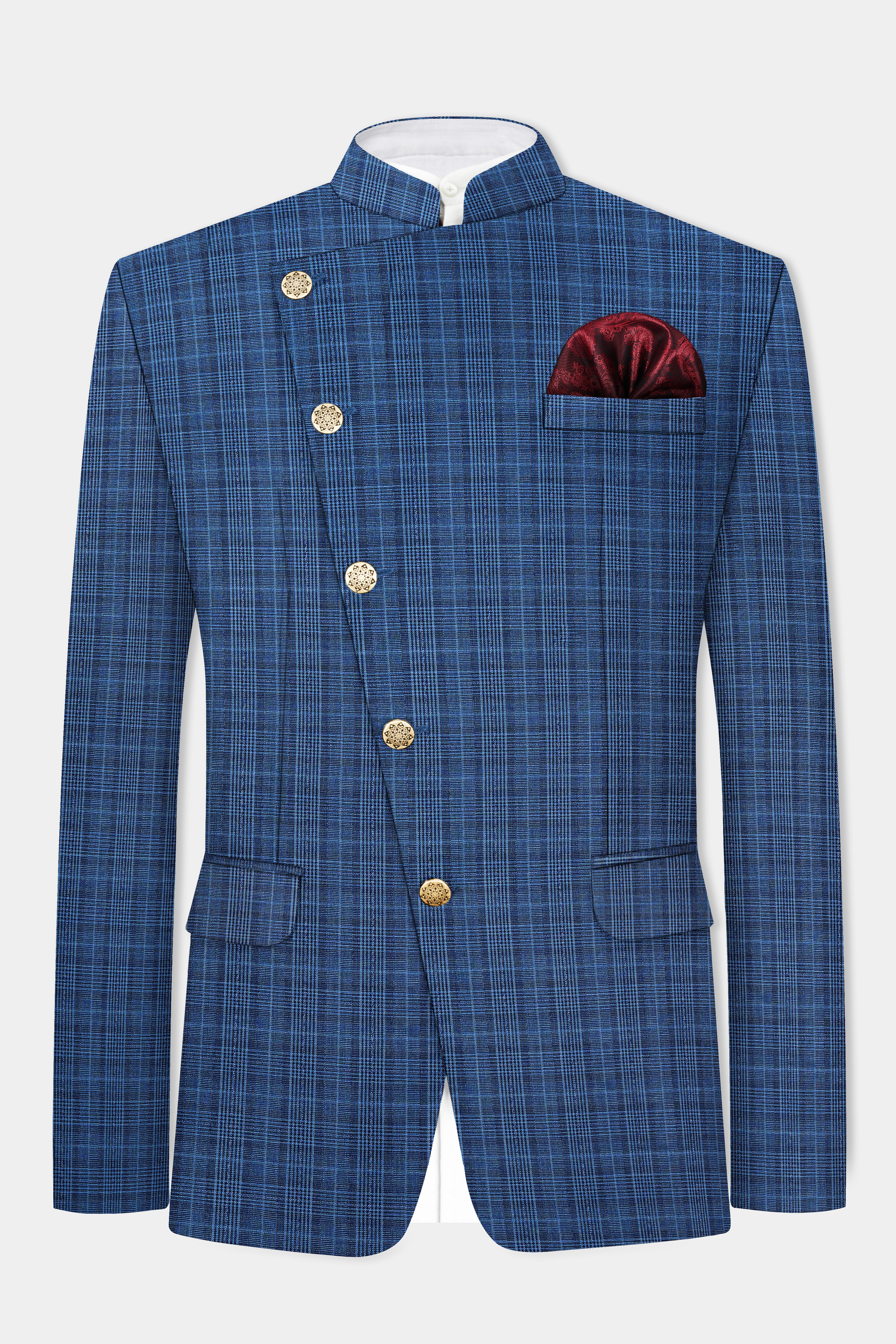 Mid Blue Plaid Wool Rich Cross Placket Bandhgala Blazer