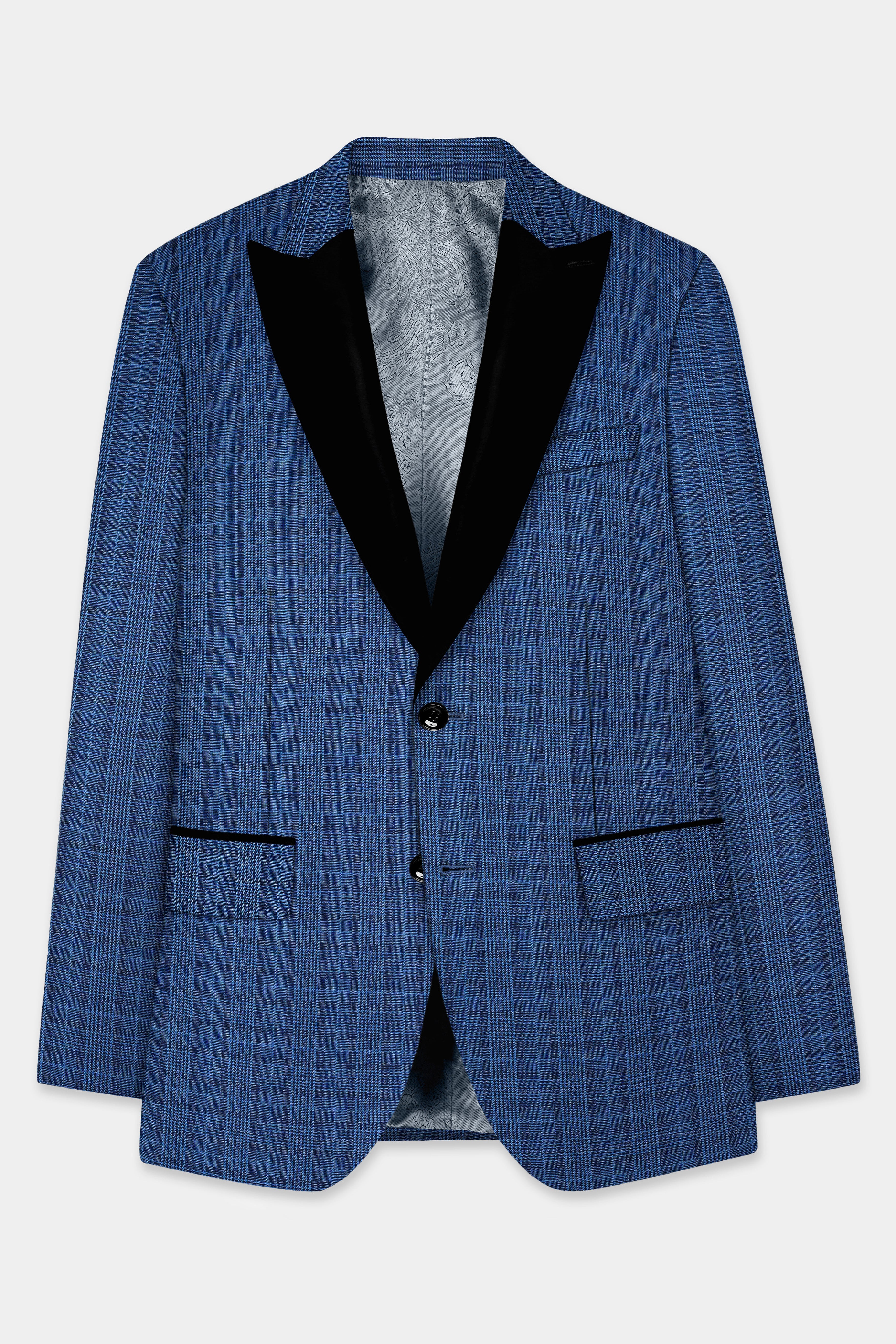 Mid Blue Plaid Wool Rich Peak Lapel Tuxedo Blazer