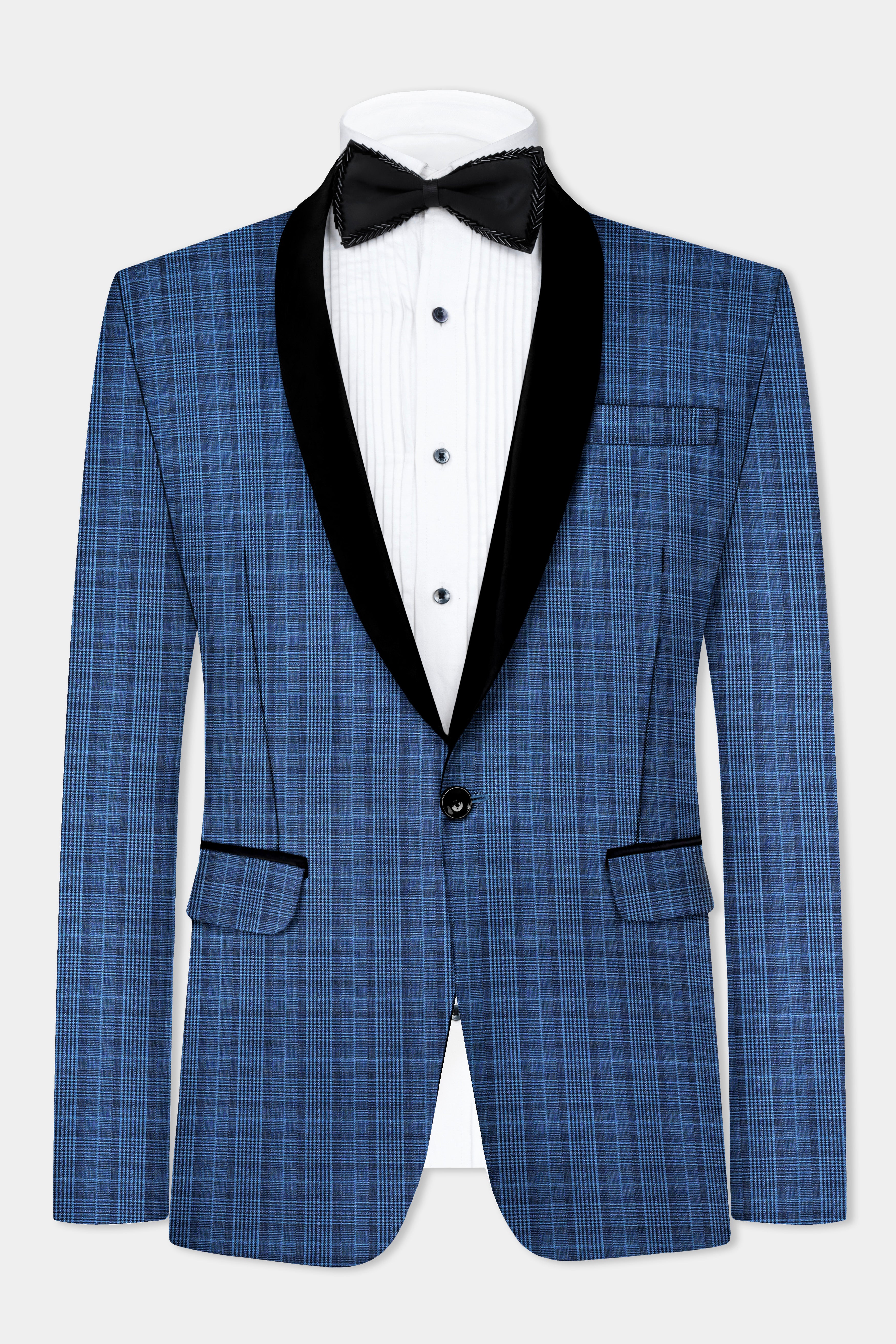 Mid Blue Plaid Wool Rich Tuxedo Blazer