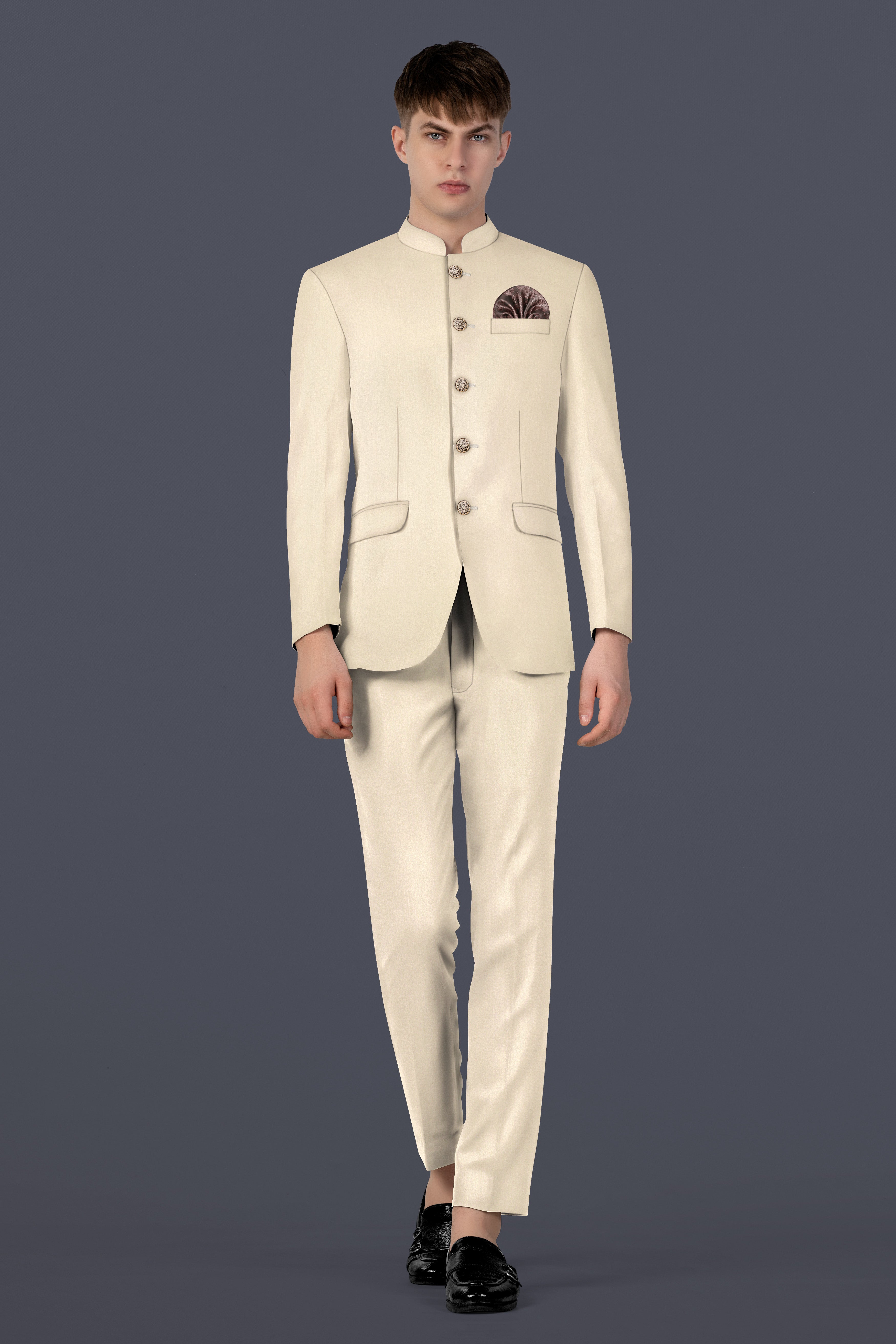 Hampton Cream Solid Wool Blend Bandhgala Blazer