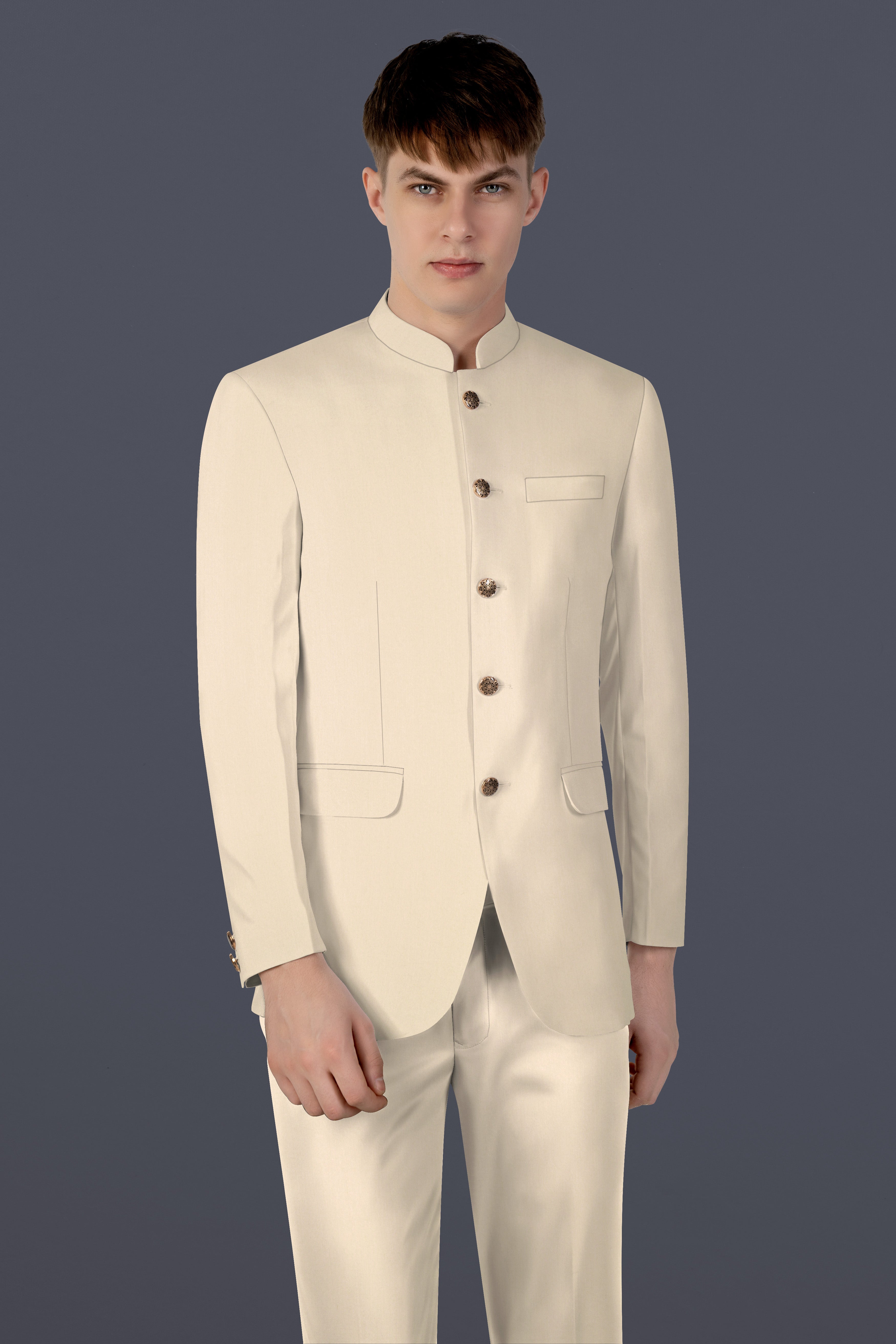 Hampton Cream Solid Wool Blend Bandhgala Blazer