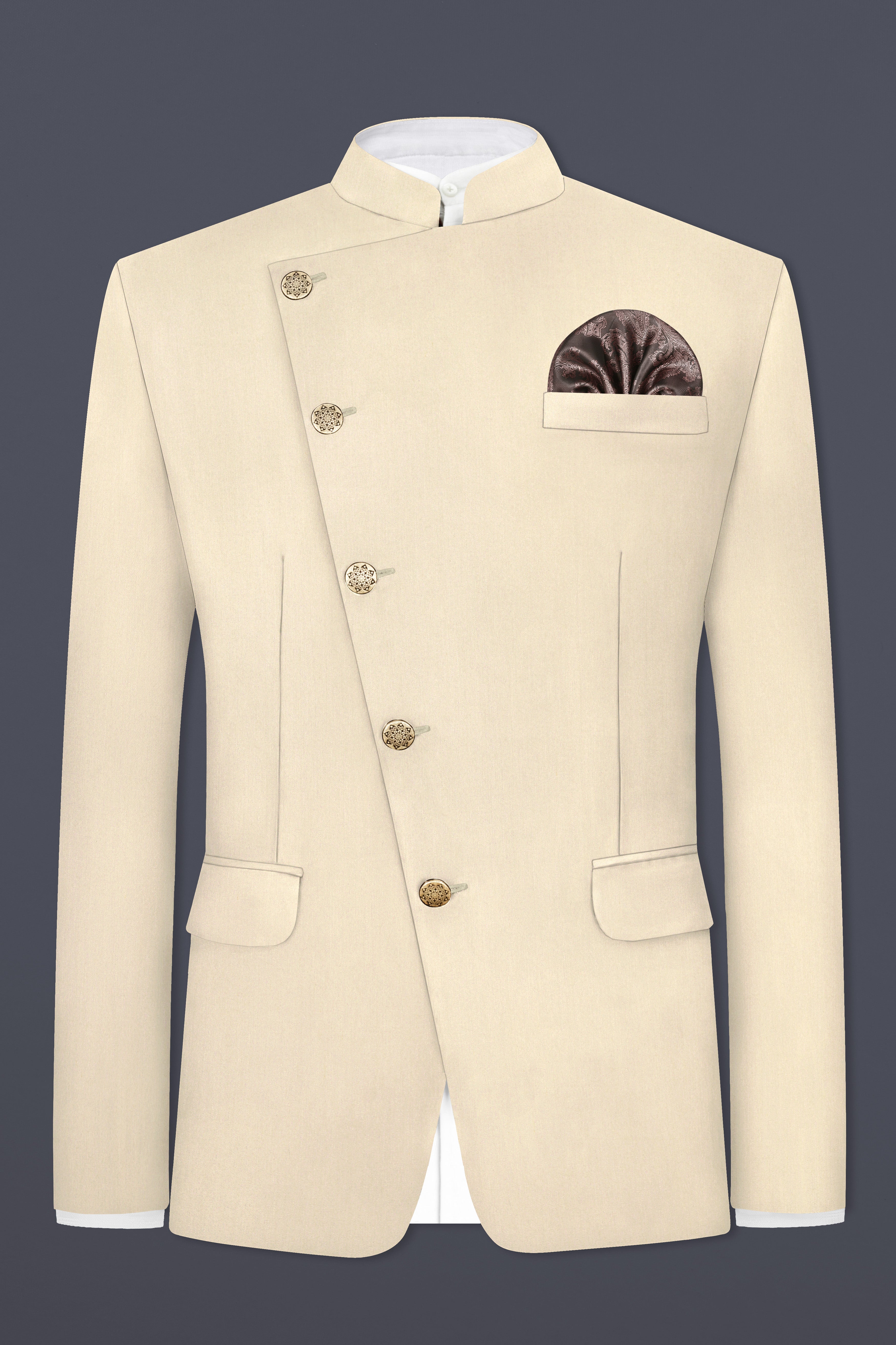 Hampton Cream Solid Wool Blend Cross Placket Bandhgala Blazer