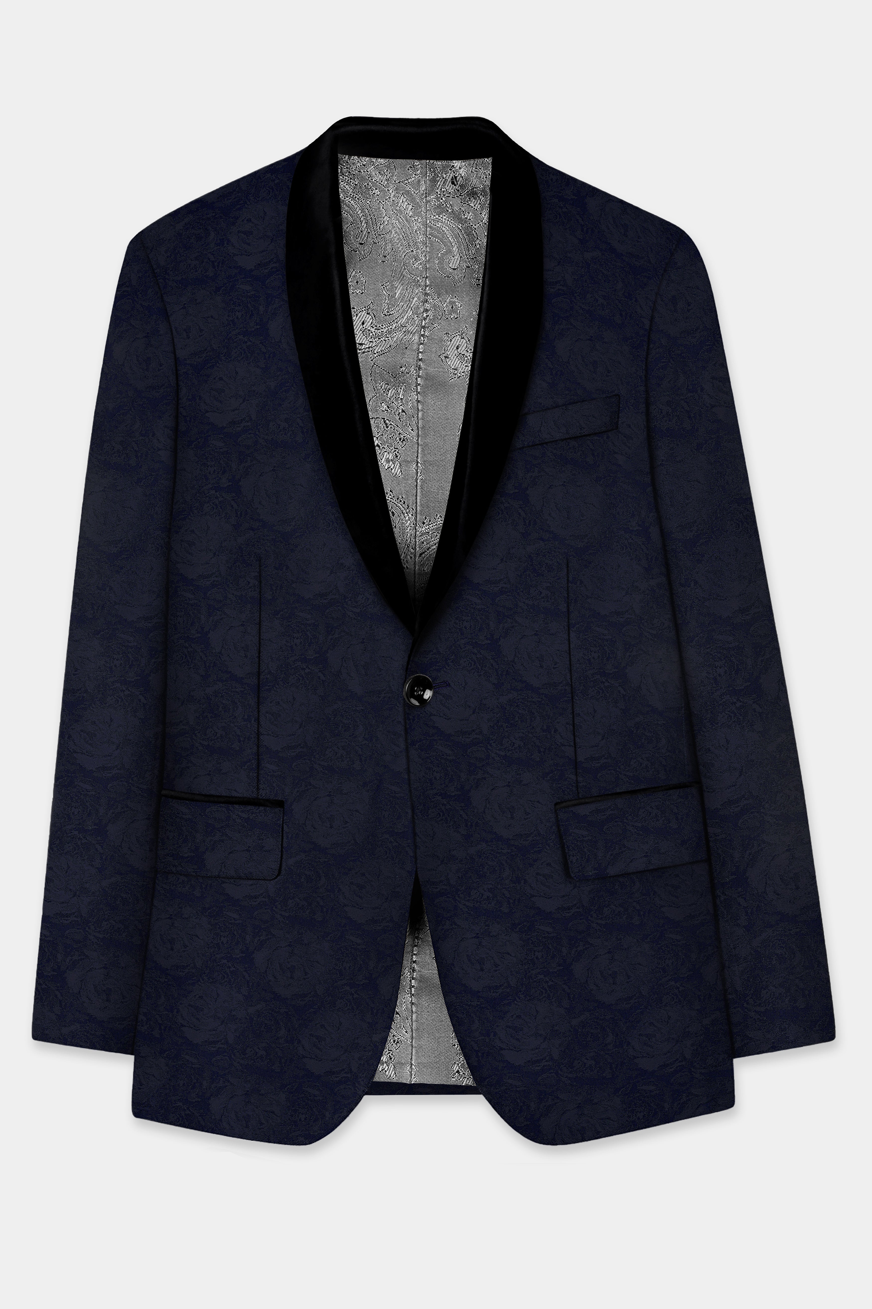 Firefly Blue and Black Jacquard Textured Tuxedo Blazer