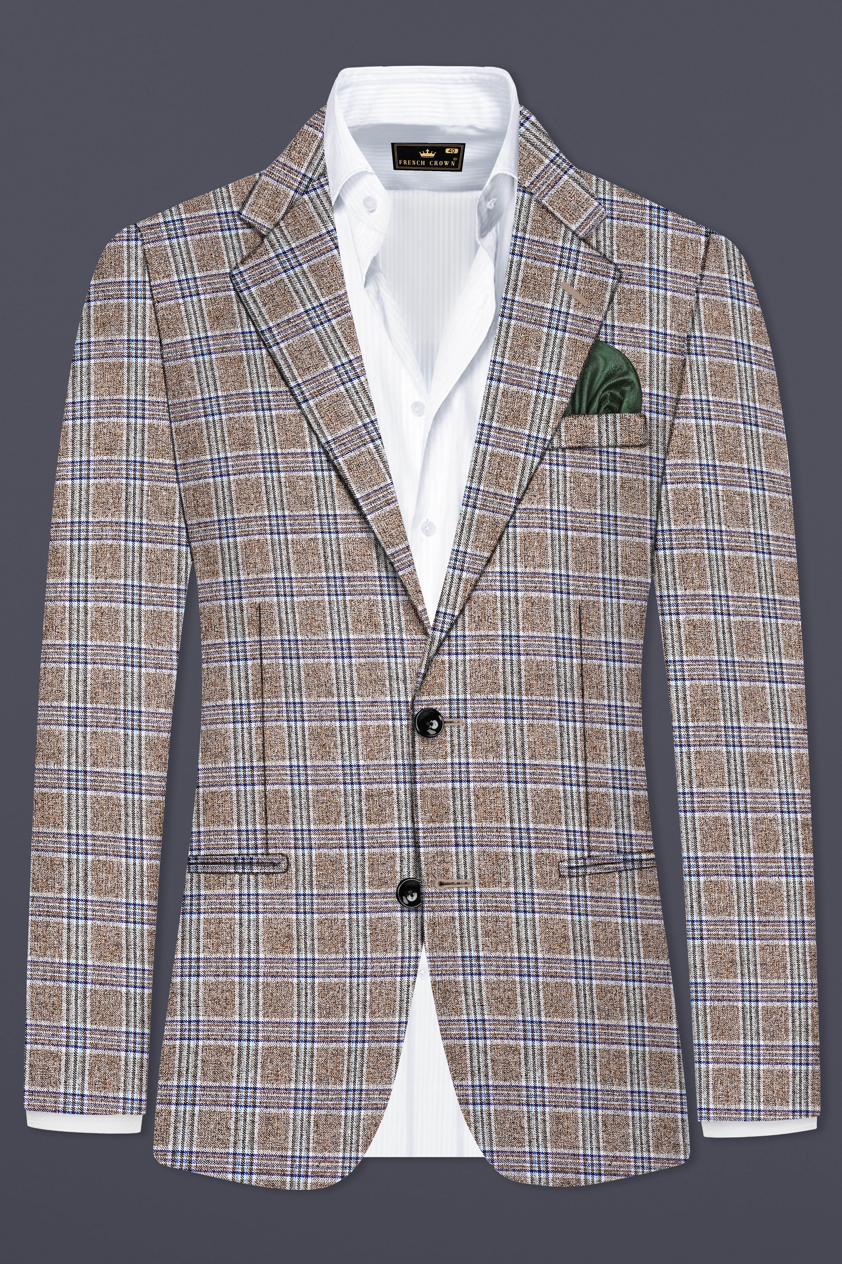 Shadow Brown with Rhino Blue Plaid Wool Blend Single Breasted Blazer