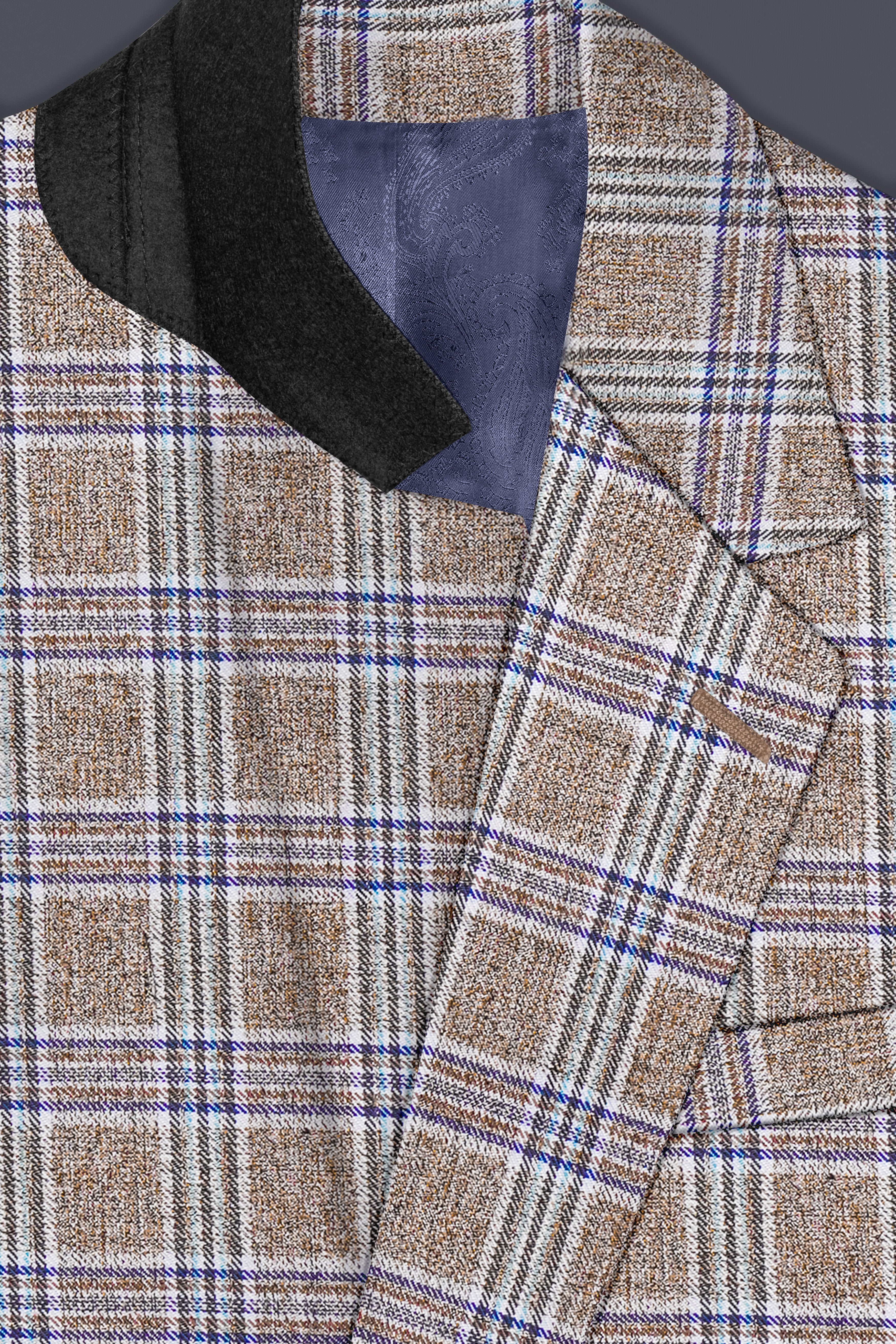 Shadow Brown with Rhino Blue Plaid Wool Blend Single Breasted Blazer