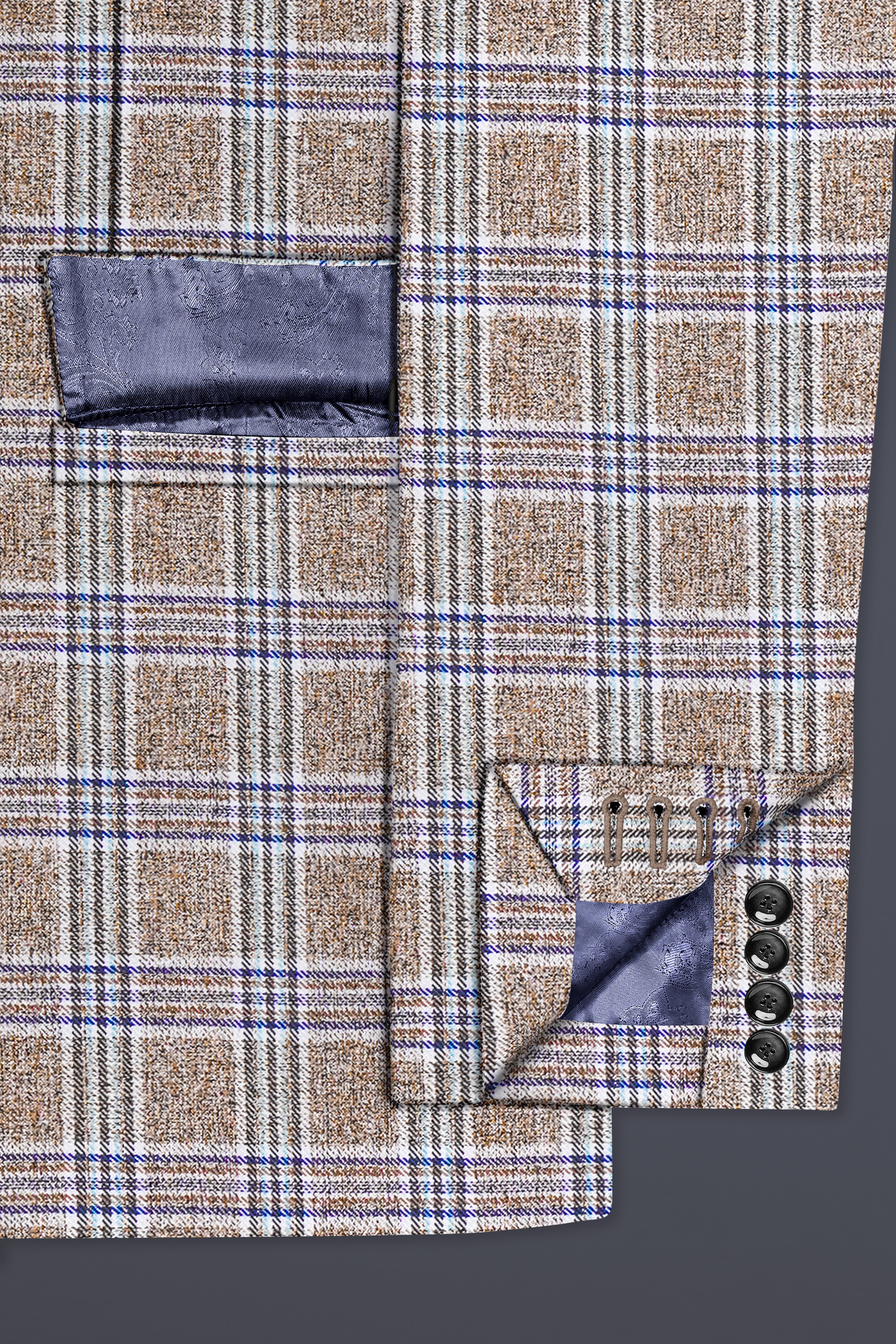 Shadow Brown with Rhino Blue Plaid Wool Blend Single Breasted Blazer