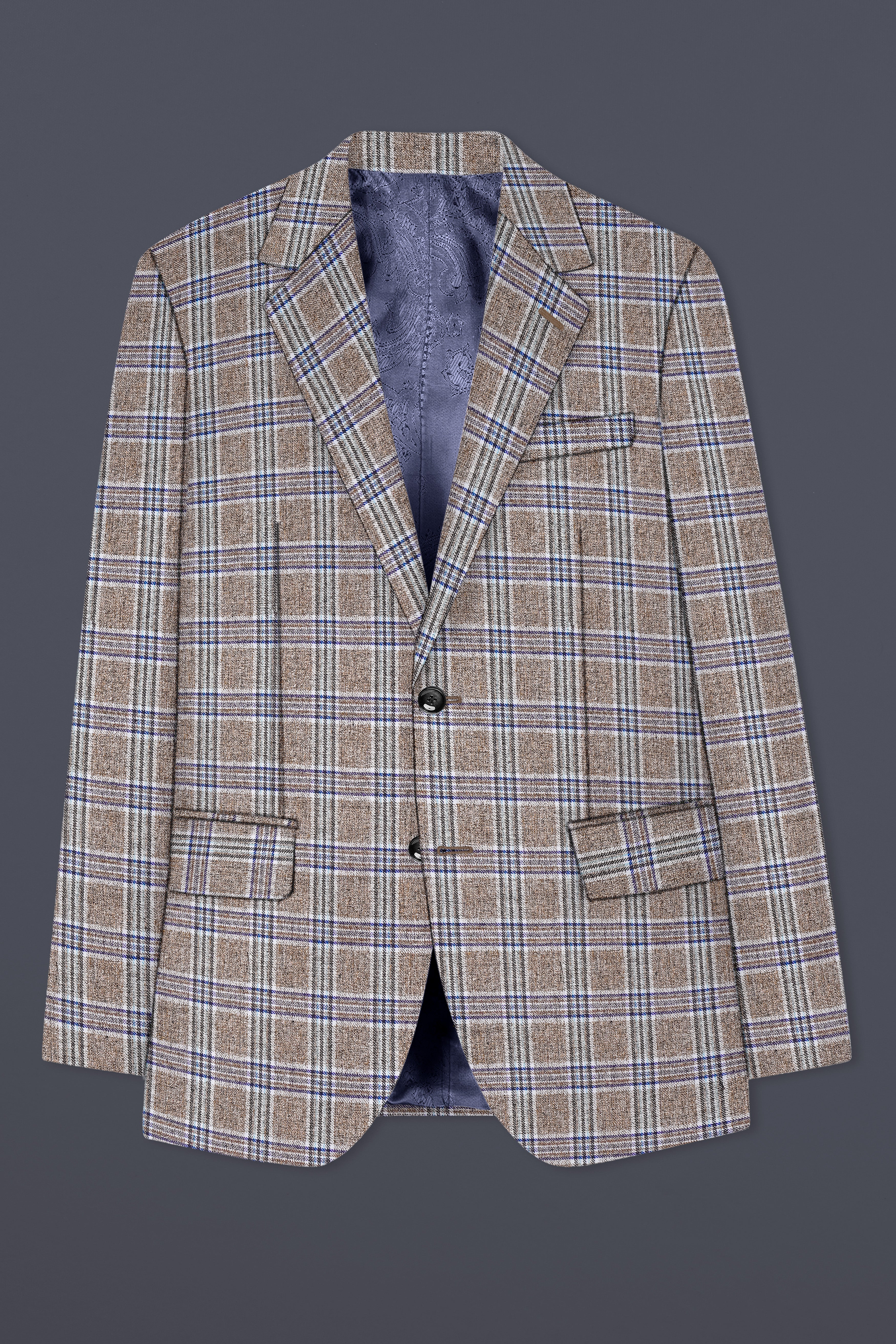 Shadow Brown with Rhino Blue Plaid Wool Blend Single Breasted Blazer